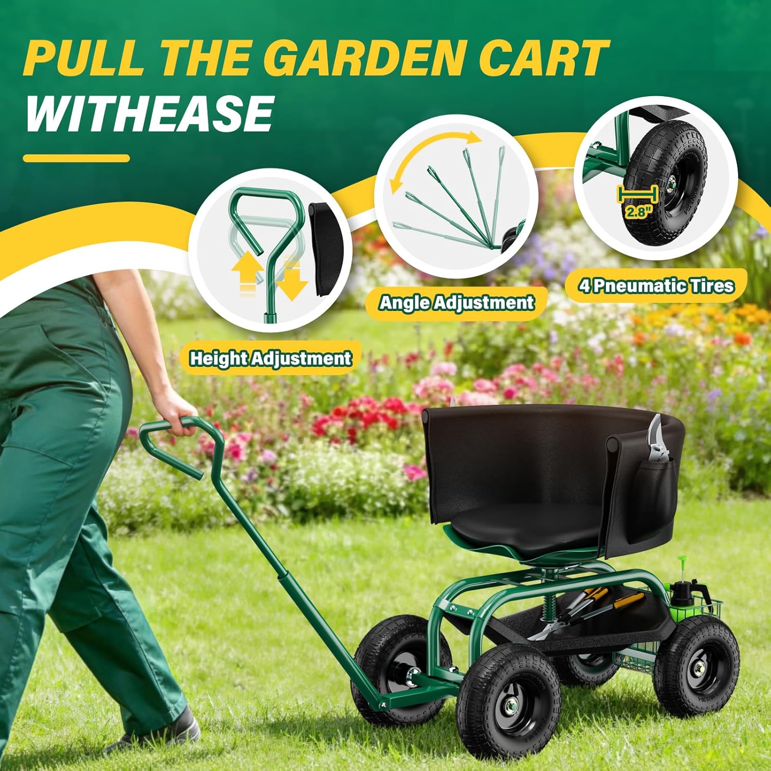 Garden Seat with Wheels, Rolling Garden Stool with Adjustable 360°Swivel Seat, Storage Basket & Extendable Handle, Outdoor Gardening Scooter, Garden Cart Workseat Stools for Seniors