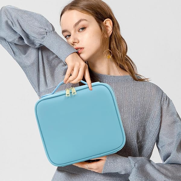 Travel Makeup Bag with Mirror and Lights, Makeup Case with Lighted Mirror 3 Color Lights Adjust Brightness, Travel Cosmetic Case Makeup Organizer Bag with Adjustable Dividers & Brushes Holder(Blue) - 5