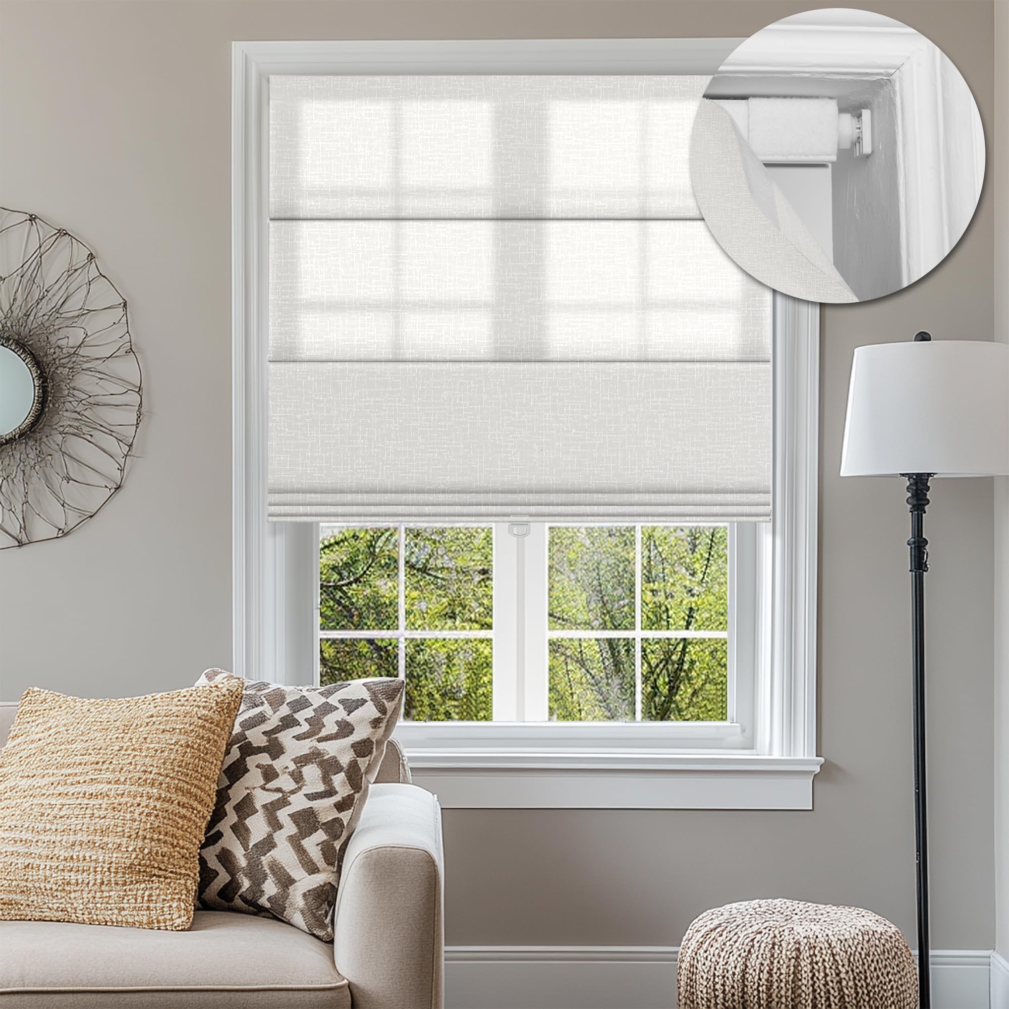 BERISSA No Drill Light Filtering Roman Shades for Windows, Cordless Jacquard Fabric Roman Blinds for Windows,Pull Down Room Darkening Window Shades