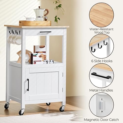 Miniatura 4 de Yaheetech Carrito de isla de cocina con almacenamiento, isla de cocina rodante con ruedas con 6 ganchos laterales, carrito de microondas con tablero