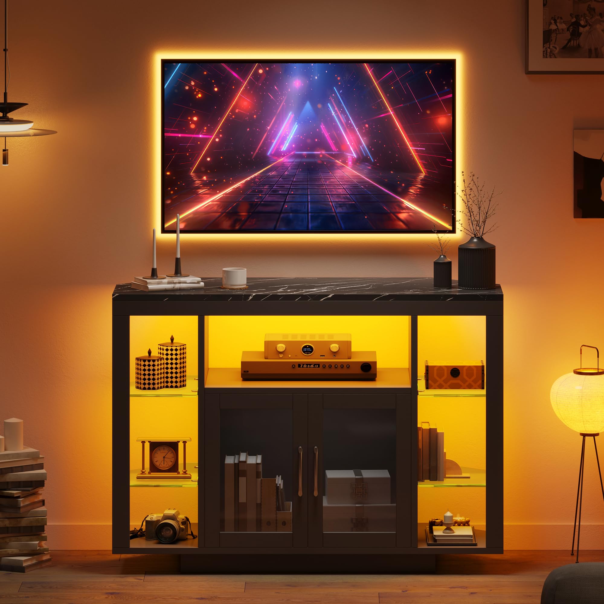 YITAHOME 100CM Mueble de TV esquinero con iluminación led RGB, Unidad de TV de Esquina para TV de hasta 55 Pulgadas con 7 estantes Abiertos del Centro de Entretenimiento de Juegos Estante de TV