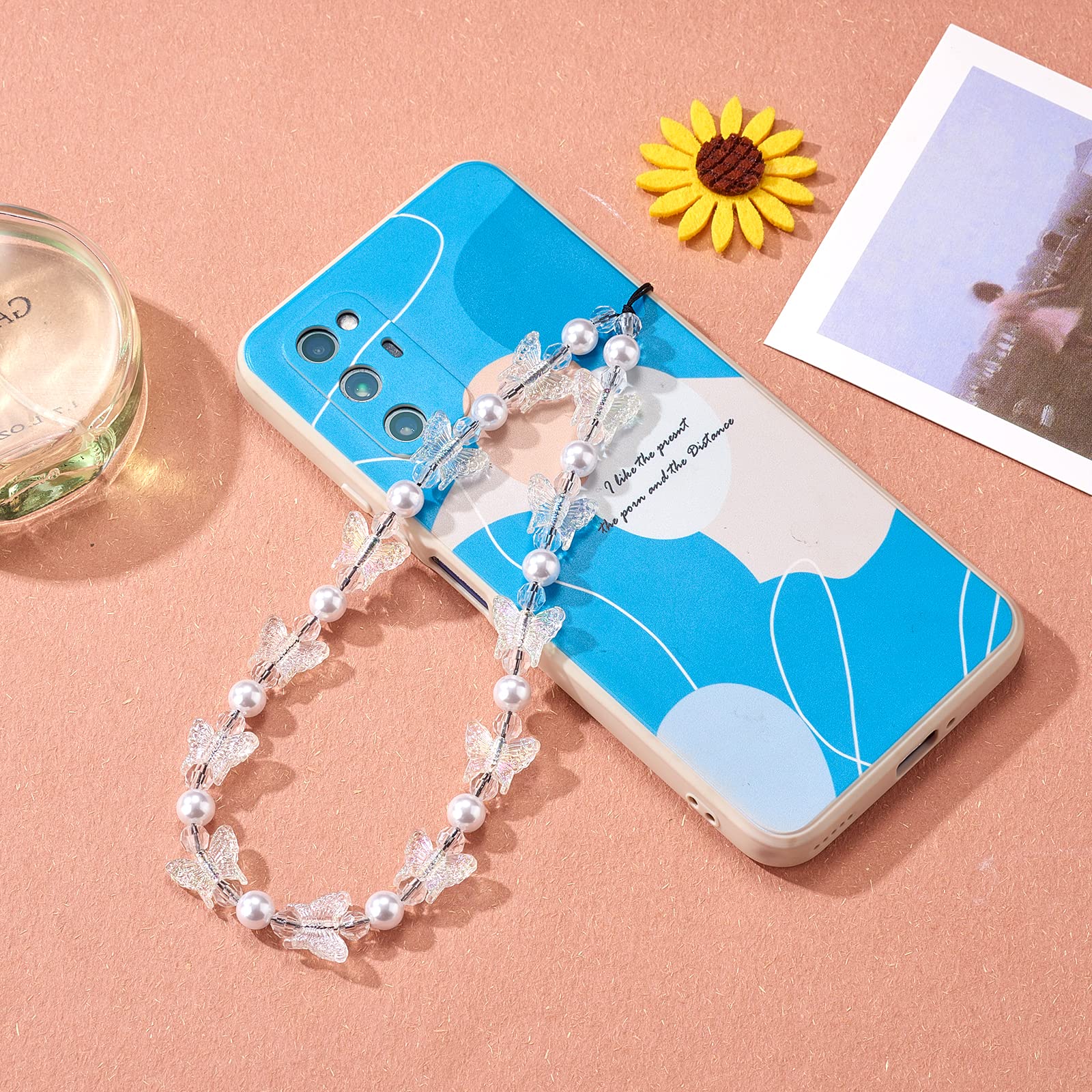 2 Bracelets Téléphone Perlé - Charms Papillon Cristal - Lanière Poignet - Pour Femmes Filles - Mauve/Rose