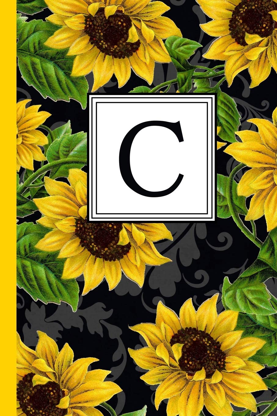 C: Floral Letter C Monogram personalized Journal, Black & Yellow Sunflower pattern Monogrammed Notebook, Lined 6x9 inch College Ruled 120 page perfect