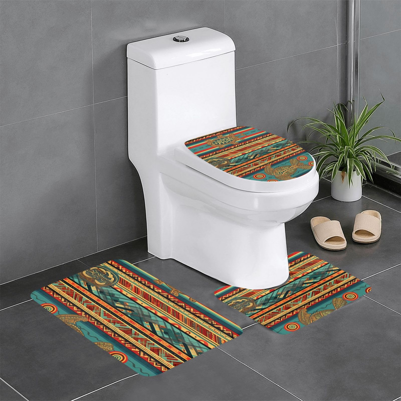Tapis de salle de bain tortue ethnique : lot de 3 tapis rectangulaire et ovale pour WC