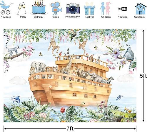 Miniatura 3 de Glawry Telón de fondo de Arca de Noé para fotografía, 7 pulgadas de ancho x 5 pies de alto, diseño de dibujos animados, animales, safari, selva,