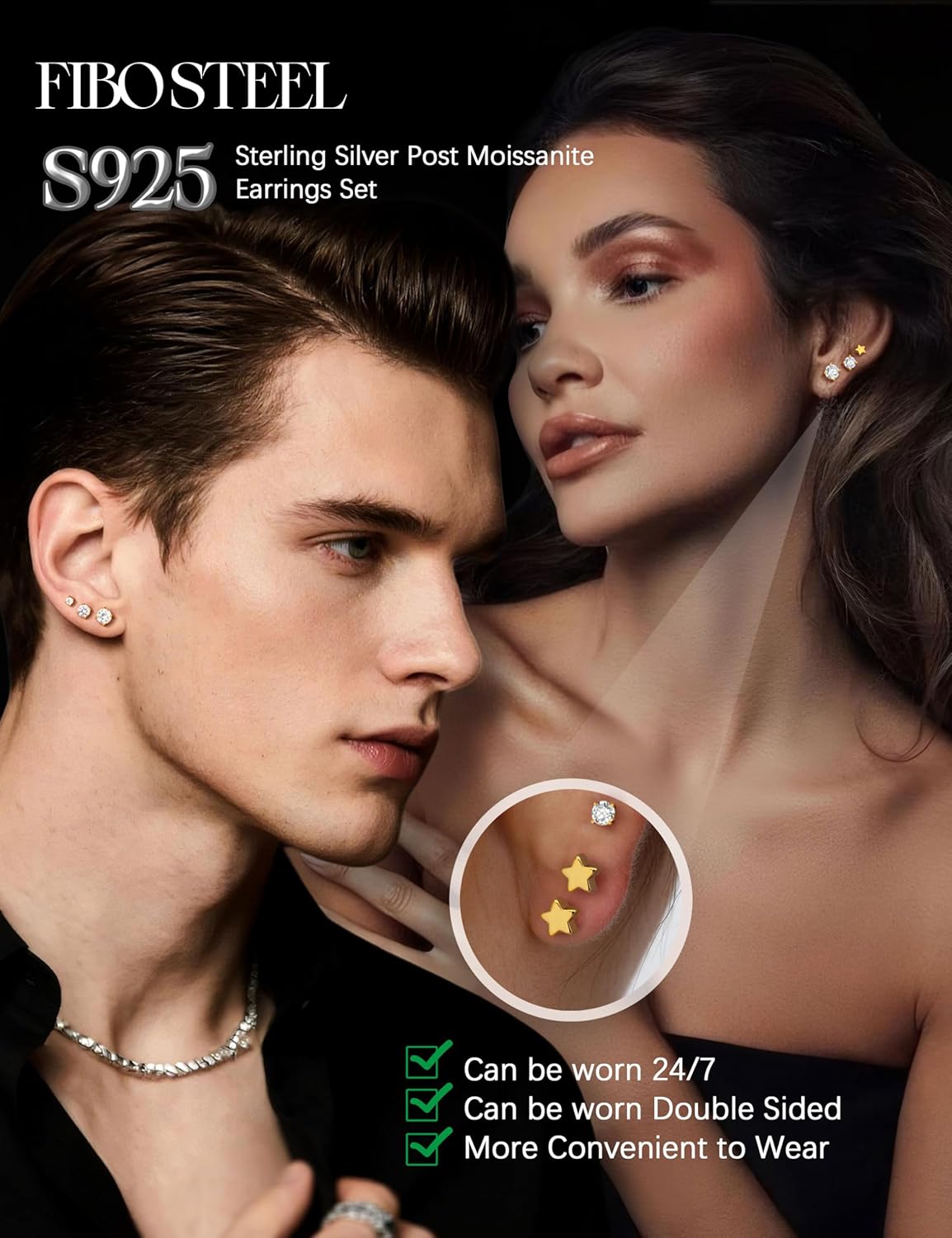 Moissanite Earrings Studs - S925 Sterling Silver Post Flat Back Earrings for Women Men Double Sided Star Heart Cartilage Earring Stacks Helix Piercing D Color VVS1 1.8 CT Moissanite Jewelry Gift - Image 3