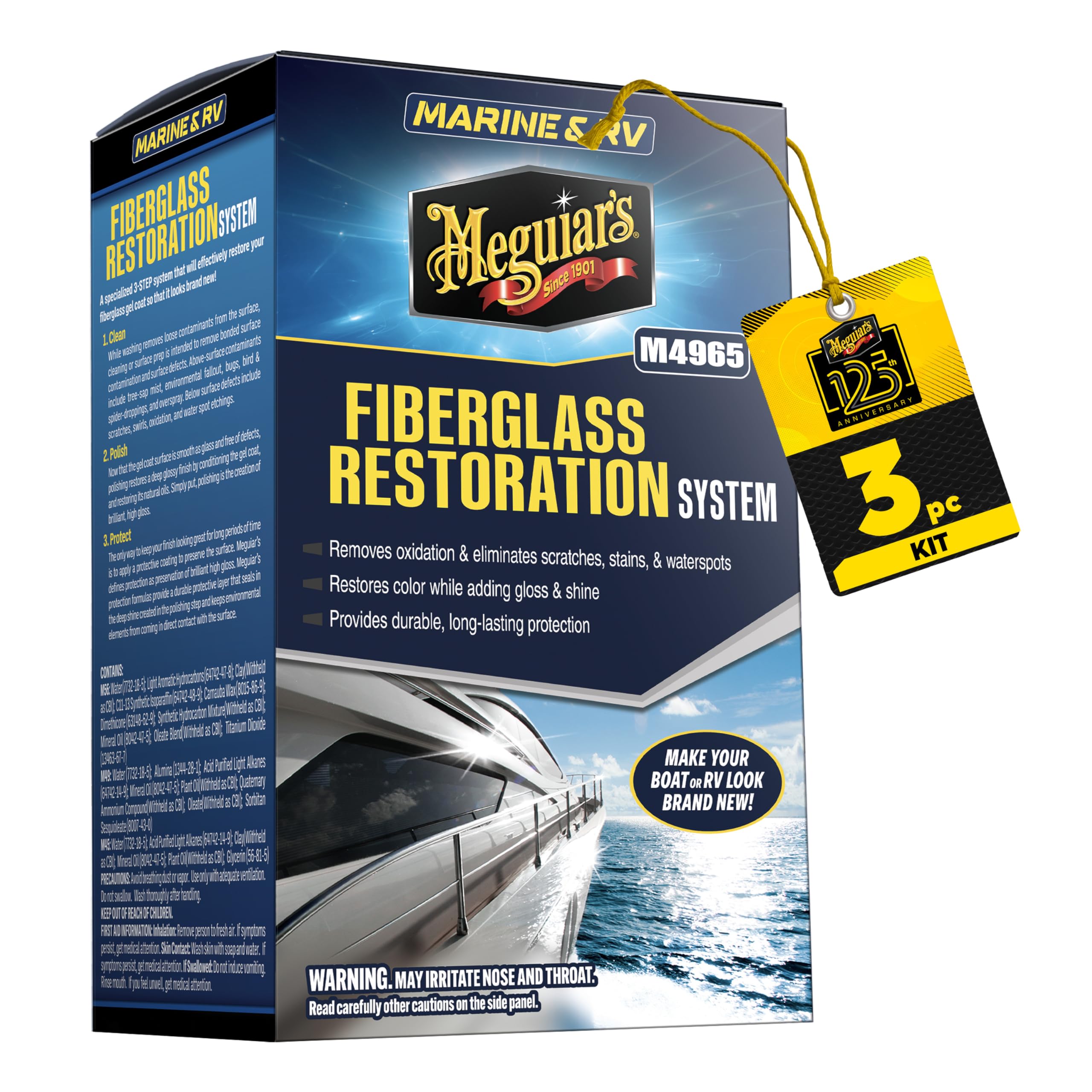 Meguiar's Marine/RV Fiberglass Restoration System, Boat Fiberglass Repair Kit with Oxidation Remover, Boat Polish and Boat Wax - 3 Count (1 Pack)