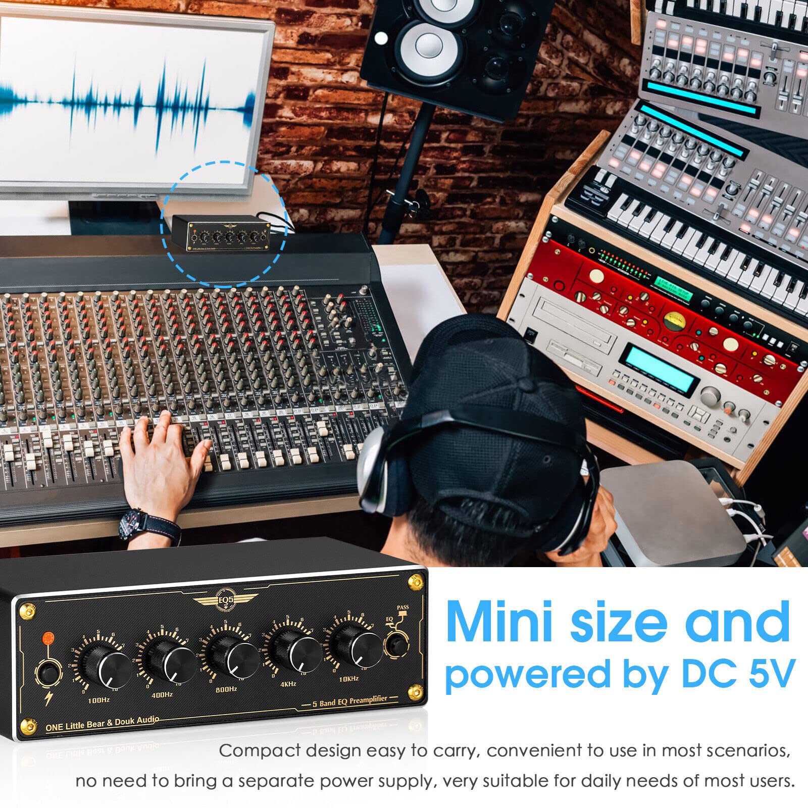 Douk Audio EQ5 Mini Vorverstärker 5-Band EQ Preamp Stereo Analog Equalizer Portable Audio Processor for Home/Car (EQ5)
