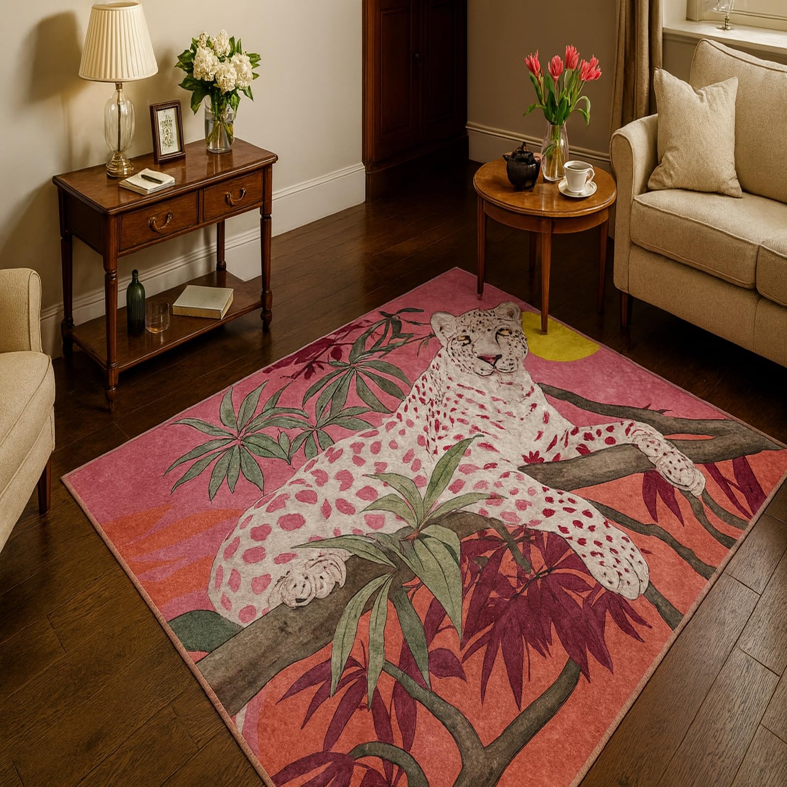 Paillasson chambre cuisine et salle de bain rose moderne floral de dimensions 60x120cm