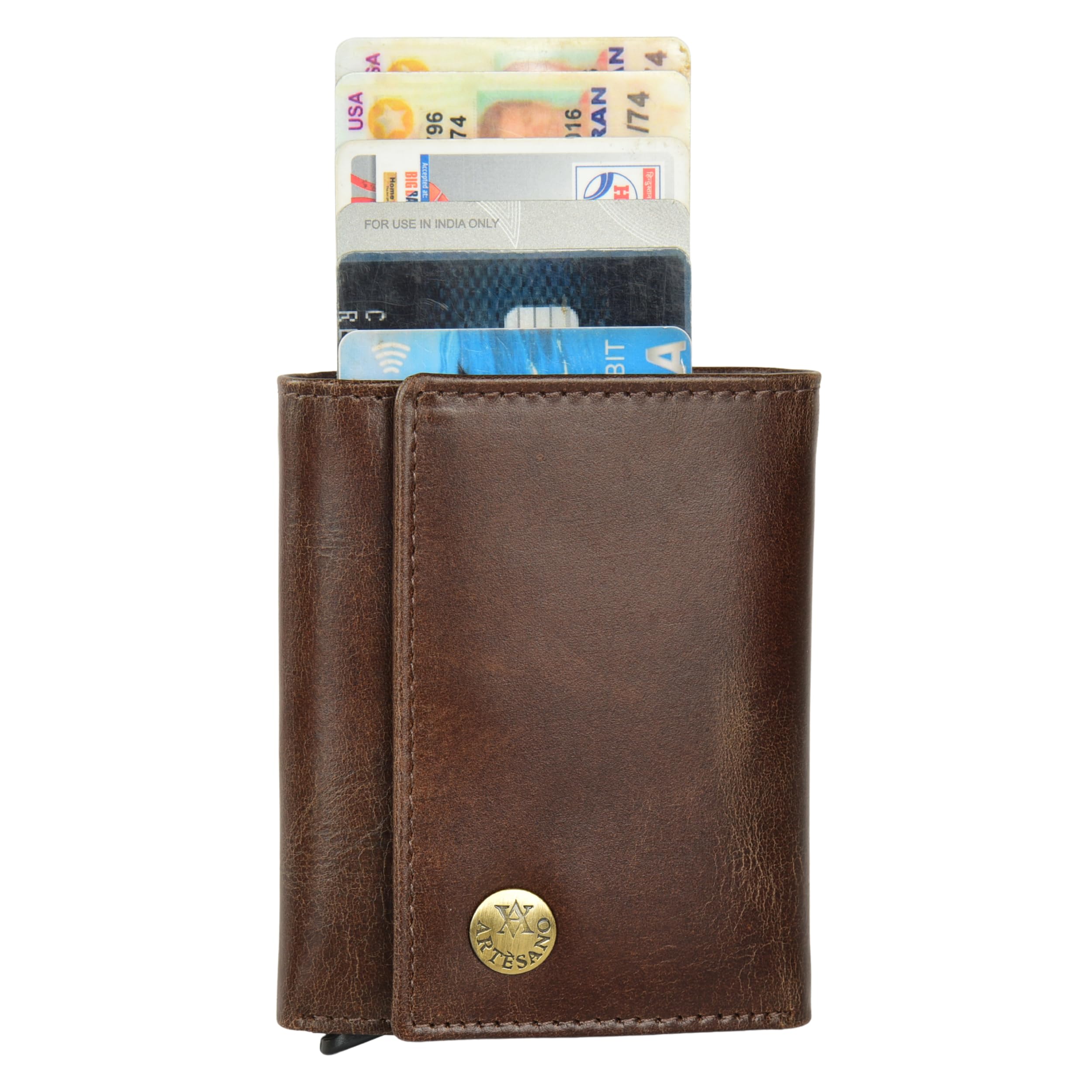artesano rfid blocking pop up wallet for men | genuine leather metal card case | slim credit/debit card holder with currency pocket, extra slot & snap closure | minimalist compact design with gift box