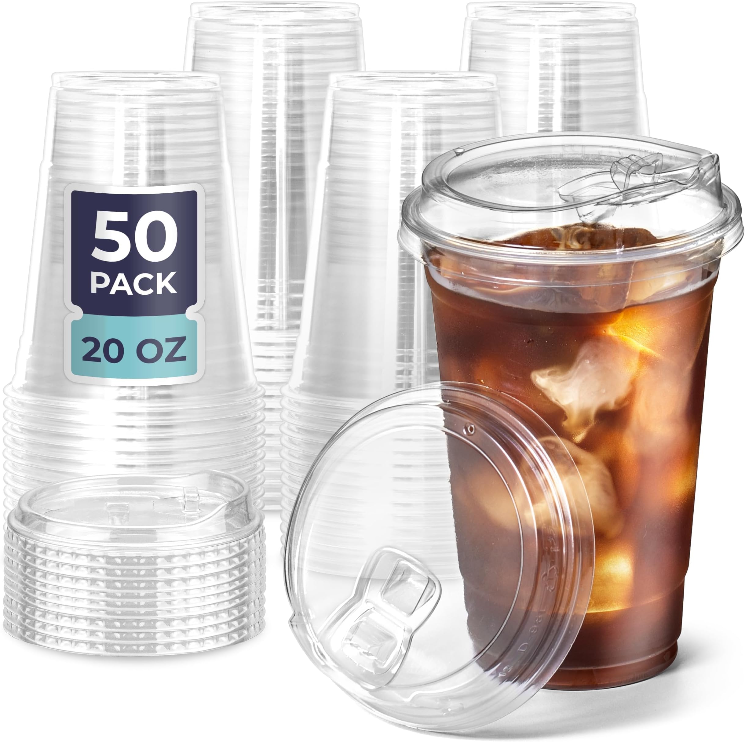 Fit Meal Prep 50 Pack 20 oz Clear Plastic Cups with Strawless Sip Lids, Disposable Plastic Coffee Cups with Lids, To Go Cups for Iced Coffee, Smoothies, Soda, Party Drinks, Bubble Tea, Cold Beverage