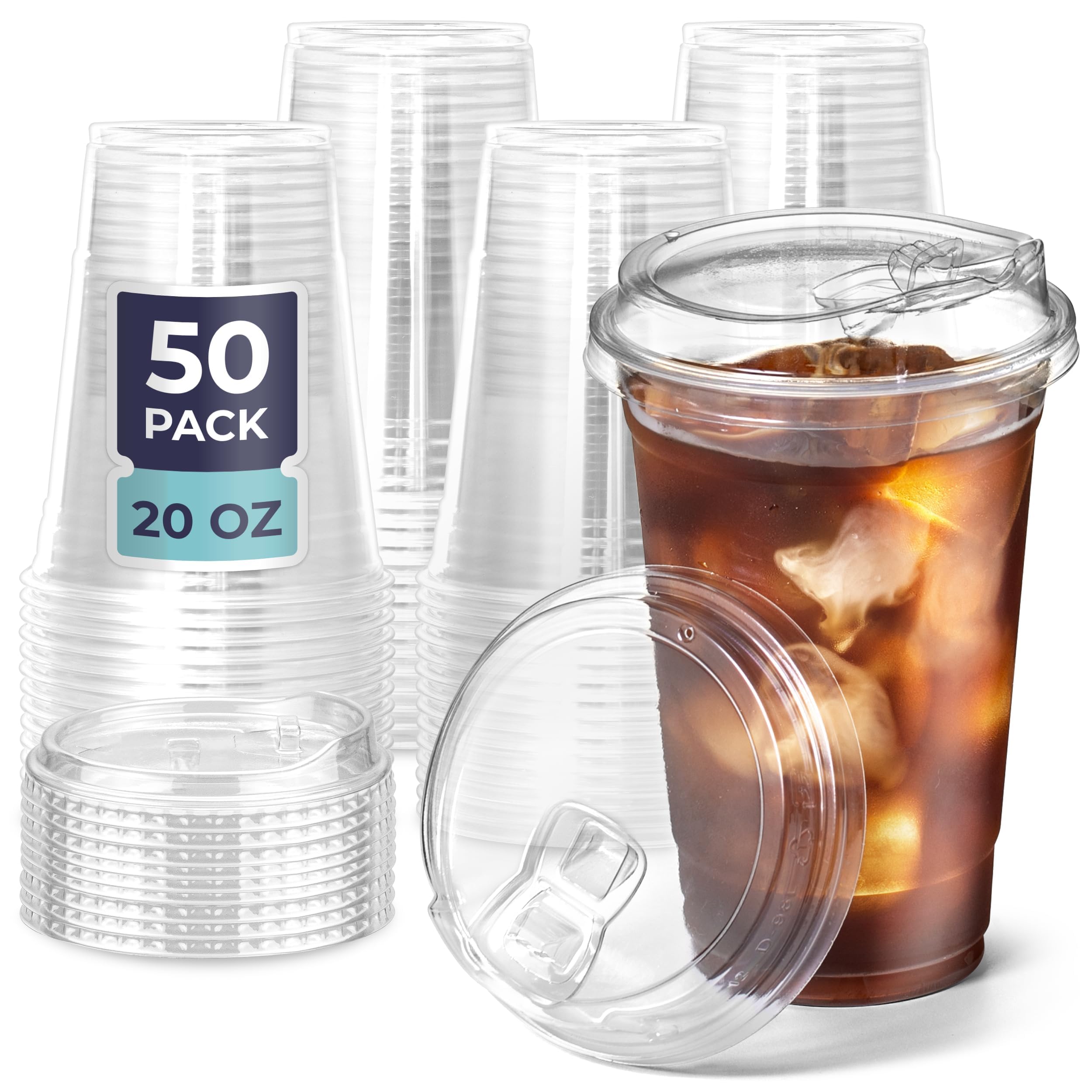 Fit Meal Prep 50 Pack 20 oz Clear Plastic Cups with Strawless Sip Lids, Disposable Plastic Coffee Cups with Lids, To Go Cups for Iced Coffee, Smoothies, Soda, Party Drinks, Bubble Tea, Cold Beverage