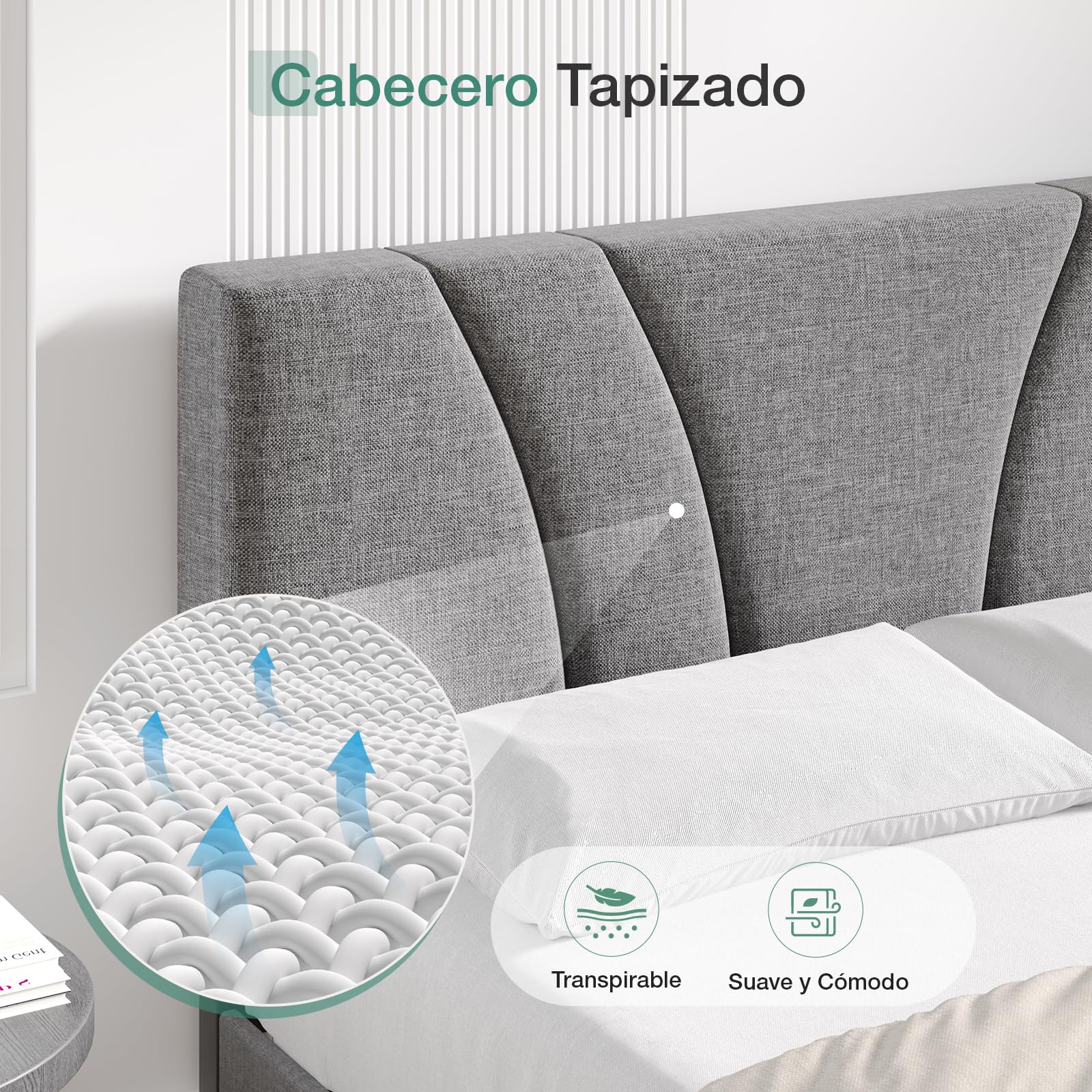 Novilla Somier 180 x 200 cm de Listones de Madera, Estructura de Cama de Laminas de chopo, cabecero tapizado Alto y cómodo de apoyarse, Fácil de Montar, Gris