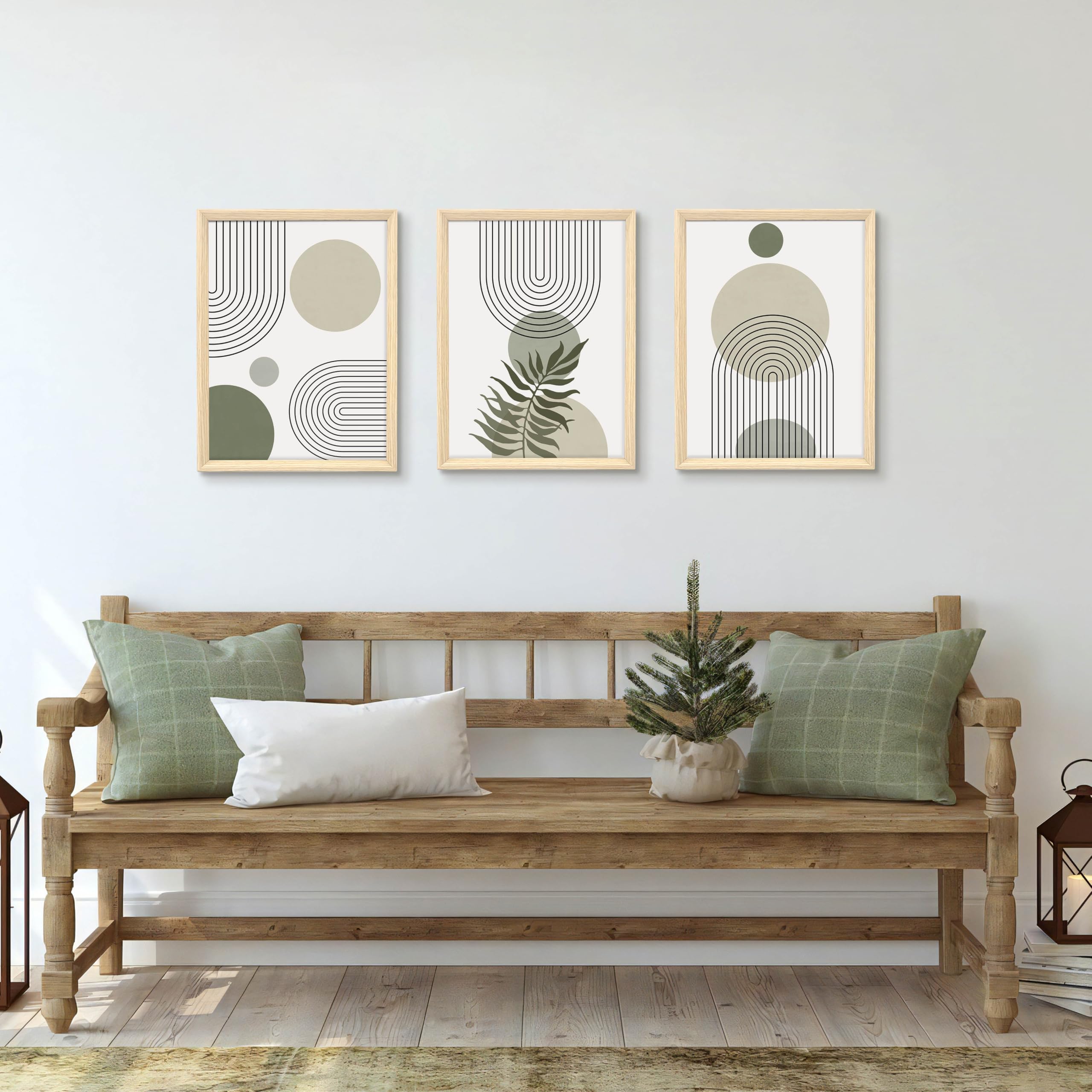 3 Pcs Wooden Framed Canvas Wall Art Set Bohemian Sage Green Canvas Prints Poster Geometric Line Beige Green Pictures for Living Room Bedroom Dinning Room Hallway Stairs Wall Decor 30x40cm x3pcs — view 529