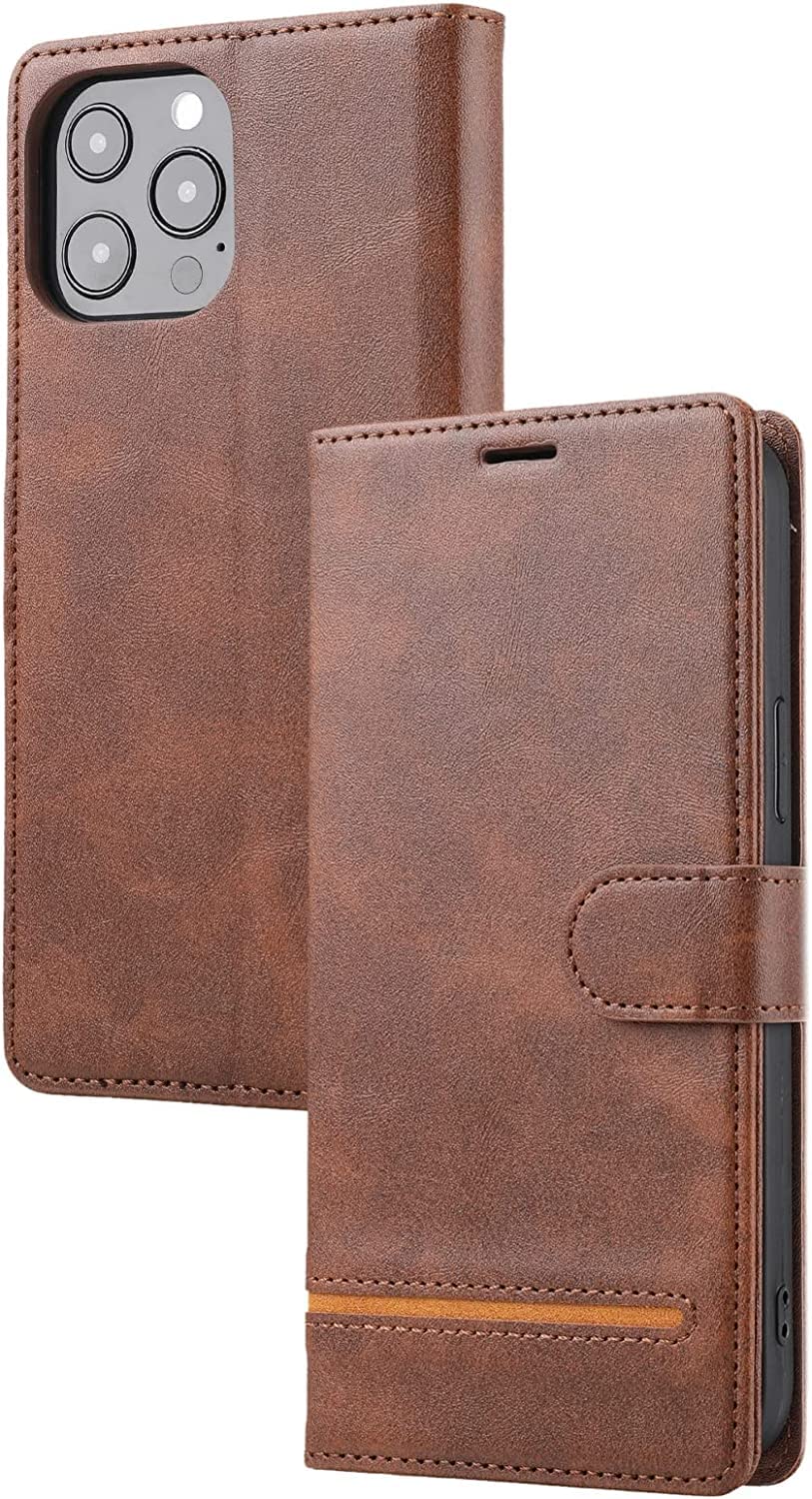 KANUZ Funda para iPhone 13/13 Mini/13 Pro/13 Pro Max, cartera de piel sintética con bloqueo RFID a prueba de golpes con ranuras para tarjetas de soporte (color: marrón, tamaño: 13pro 6.1 pulgadas)