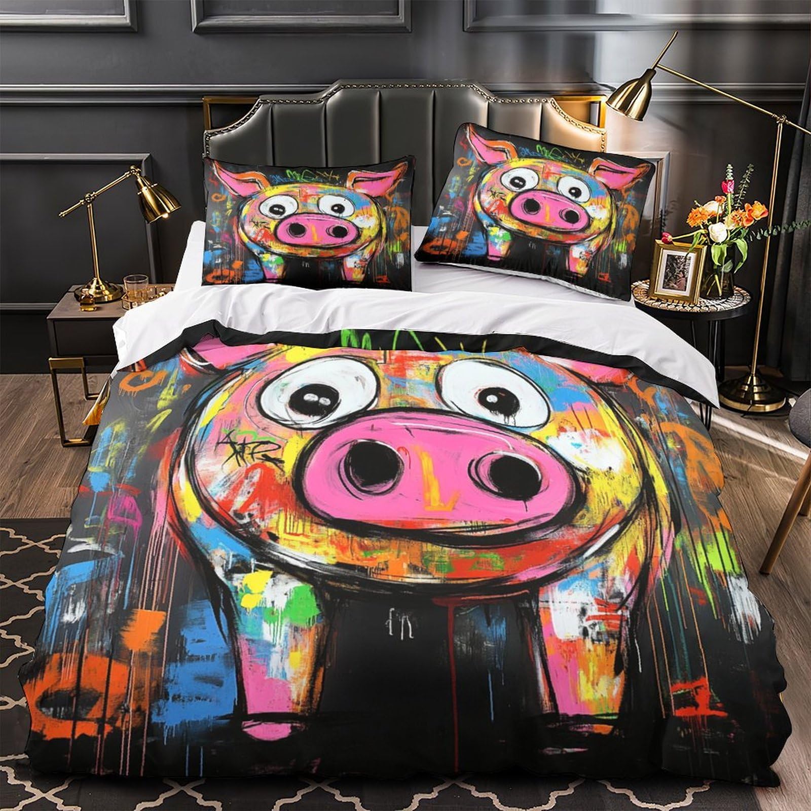 Housse de couette cochon 3D imprimé microfibre 220x240cm drap de couette lit 3 pièces