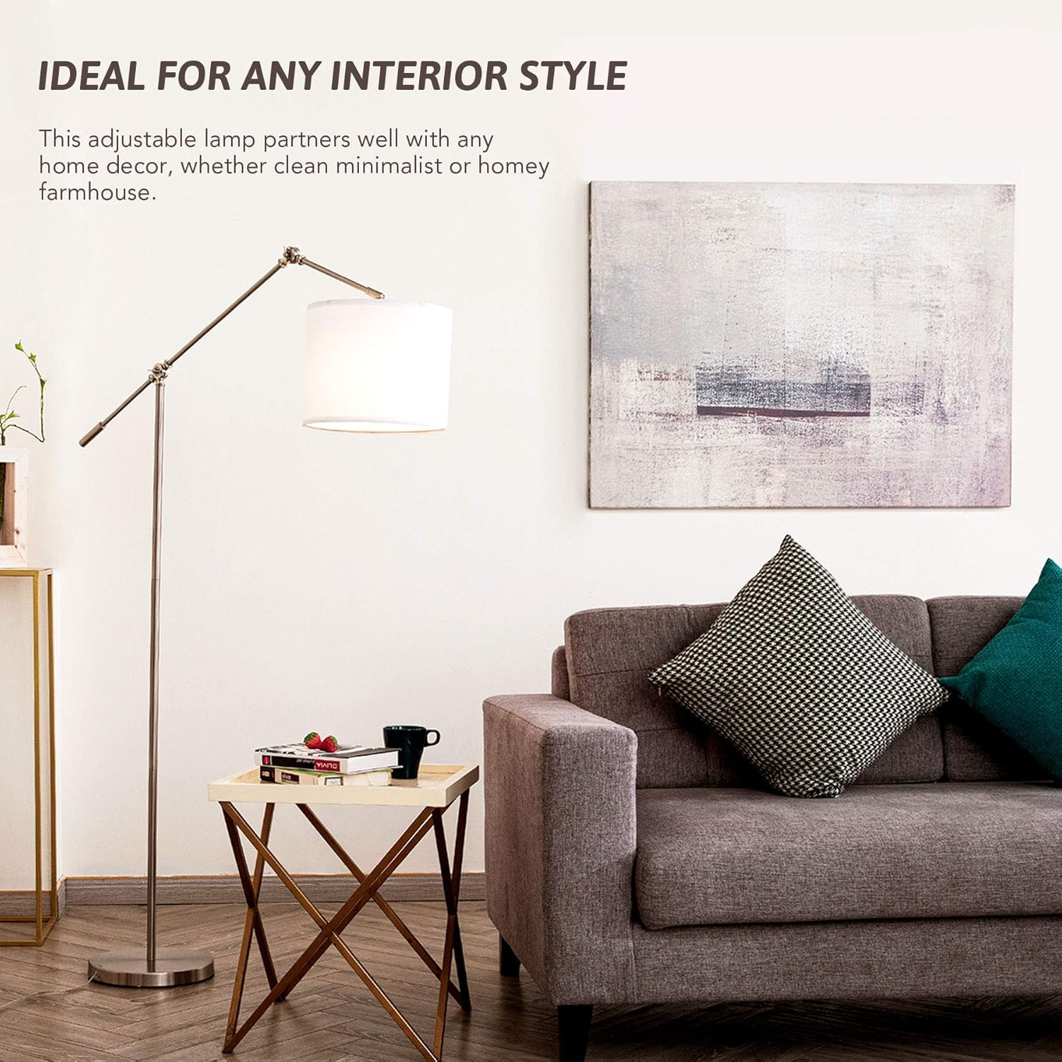🔥 Flash Sale CO-Z Modern Arc Floor Lamp Hanging Over Couch, Contemporary Stand Lamp with Adjustable Brushed Nickel Arms Reading Lamp, Standing Pole Light with Drum Shade for Living Room, Bedroom, Office