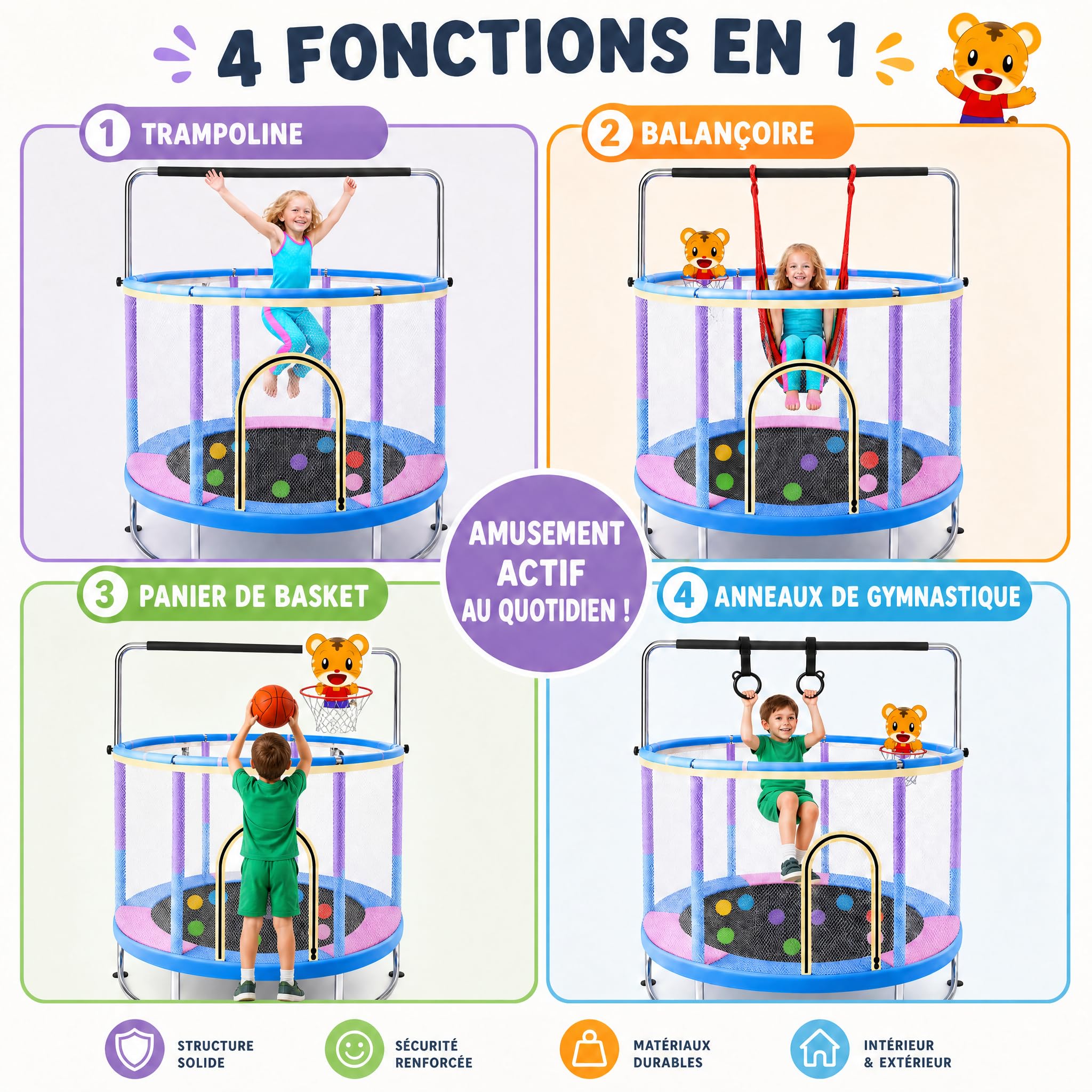 hotsizz Trampoline 1,5 m, avec balançoire, Barre de Gymnastique, Panier de Basket, pour Enfants de 3 à 14 Ans, Trampoline Enfant adaptés à Une Utilisation en intérieur et en extérieur