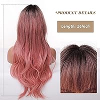 Vista 2 de EMMOR Peluca larga color rosa degradado para mujer, pelucas sintéticas de cabello rizado natural con raíz oscura y explosión, uso diario