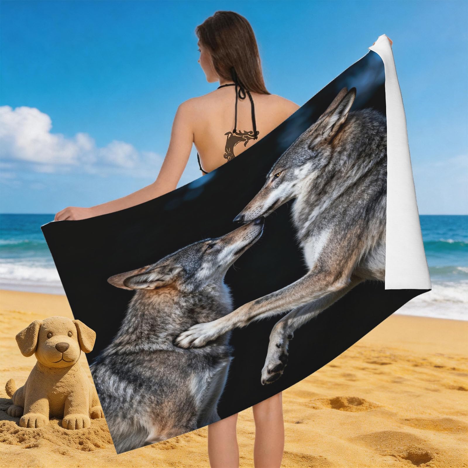 Leichong Men's Grey 3D Wolf Beach Towel Large Microfiber Soft Quick Dry For Adults, Romantic Theme Bath Towel Lightweight Soft Absorbent For Travel Swimming Pool Sports, 80 X 160 Cm