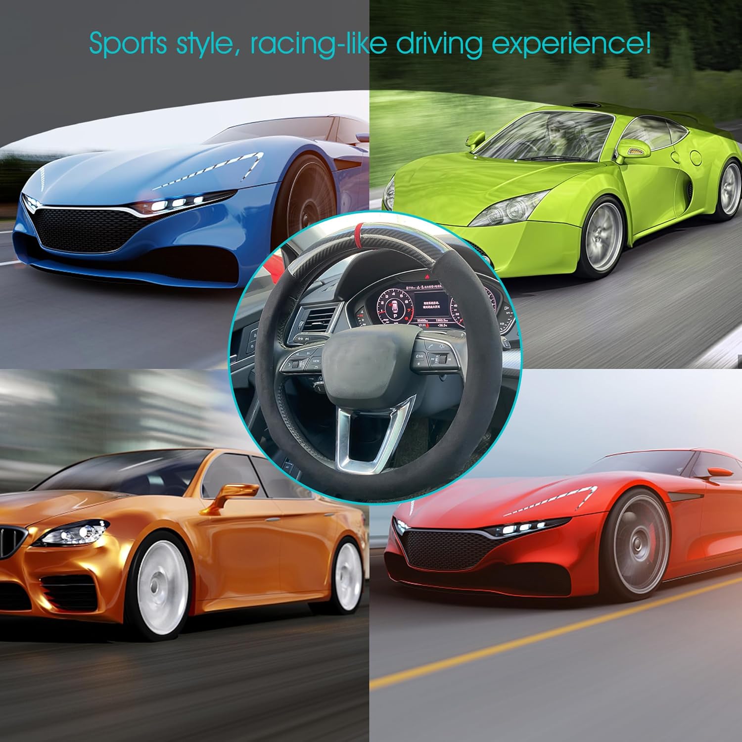 Carodi Car Suede Carbon Fiber Steering Wheel Cover car Anti-Skid Leather car Interior Accessories Decoration 15 inch Universal (Black)