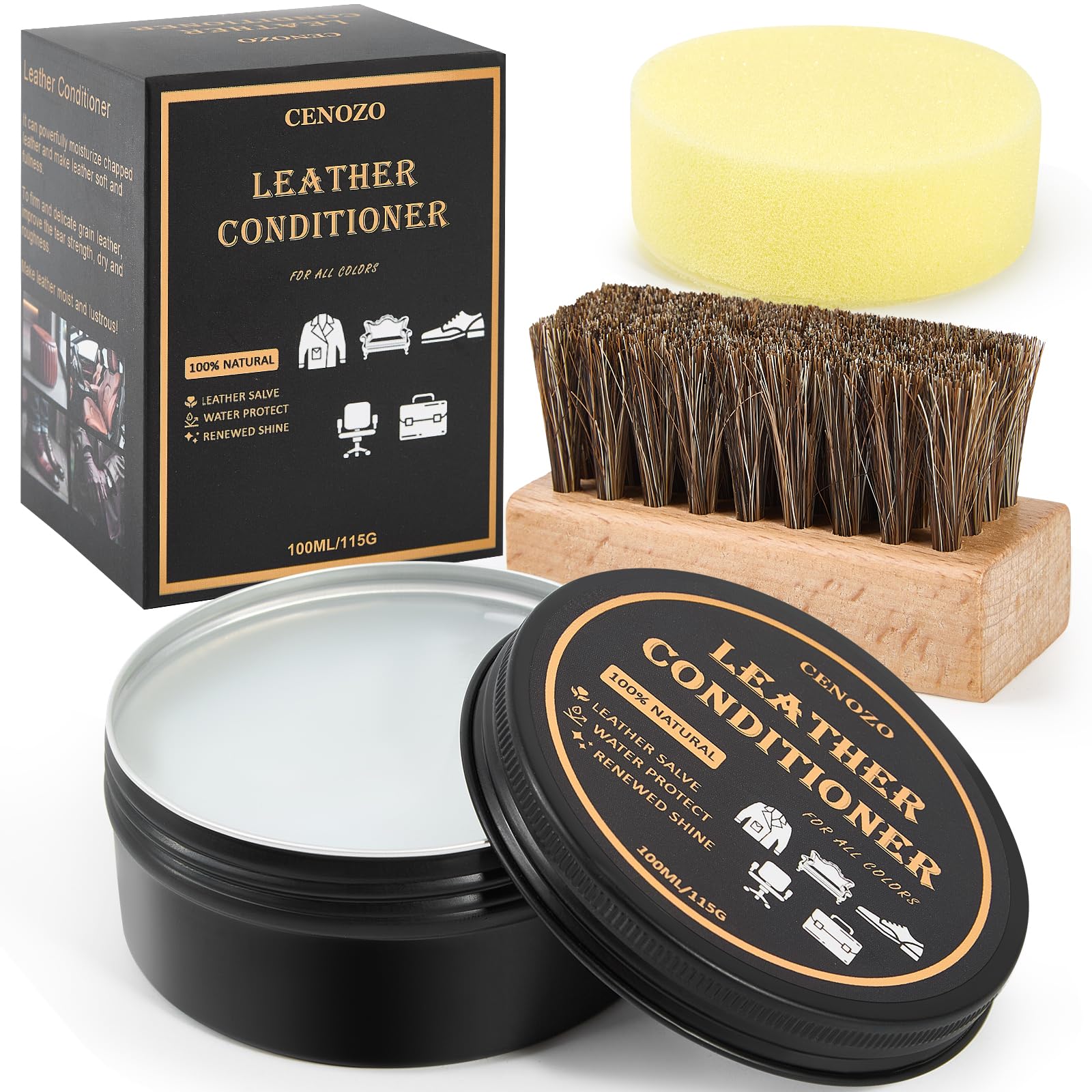 Lederpflege mit Rosshaarbürste,Farblos,100ml Lederpolitur Premium Wasserdichte Formel zum Erweichen und Glänzen für Lederpflege Ledercouch,Lederschuhe Pflege,Kunstleder,Sattelseife für jede Farbe