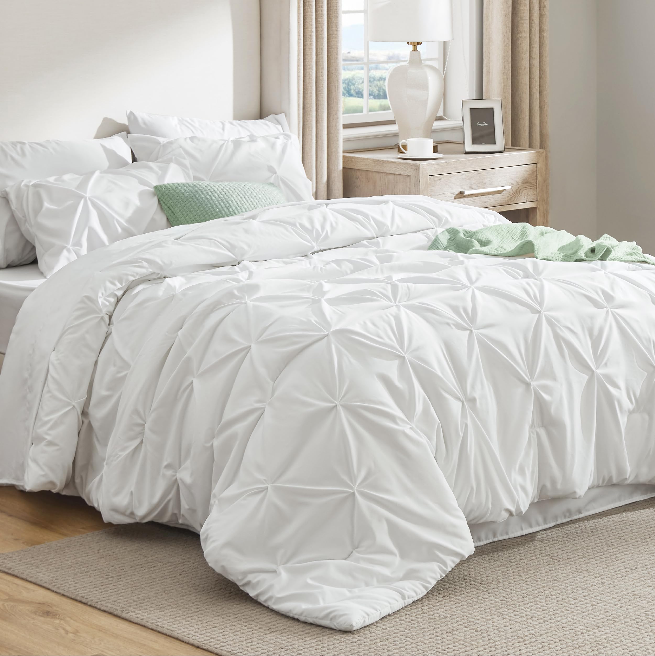 Bedsure Twin/Twin XL Comforter Set with Sheets - 5 Pieces Twin Bedding Sets, Pinch Pleat White Twin Bed in a Bag with Comforter, Sheets, Pillowcase & Sham