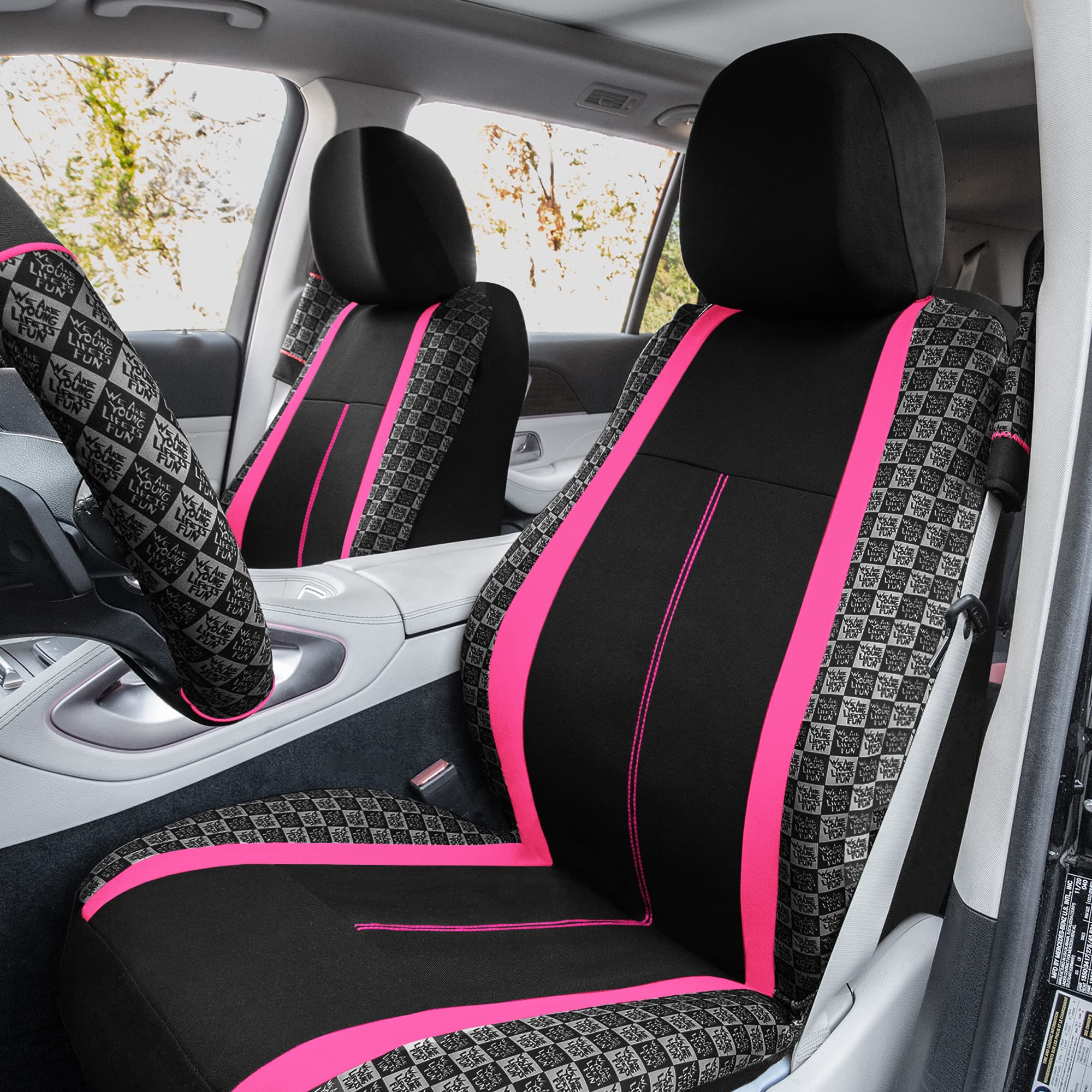We Are Young Life is Fun™ Checker Car Seat Covers Universal Fit Interior Accessories Full Set Pink Seat Cover Combo Steering Wheel Cover and Seat Belt Pads, Airbag and Split Rear Car Seat Covers