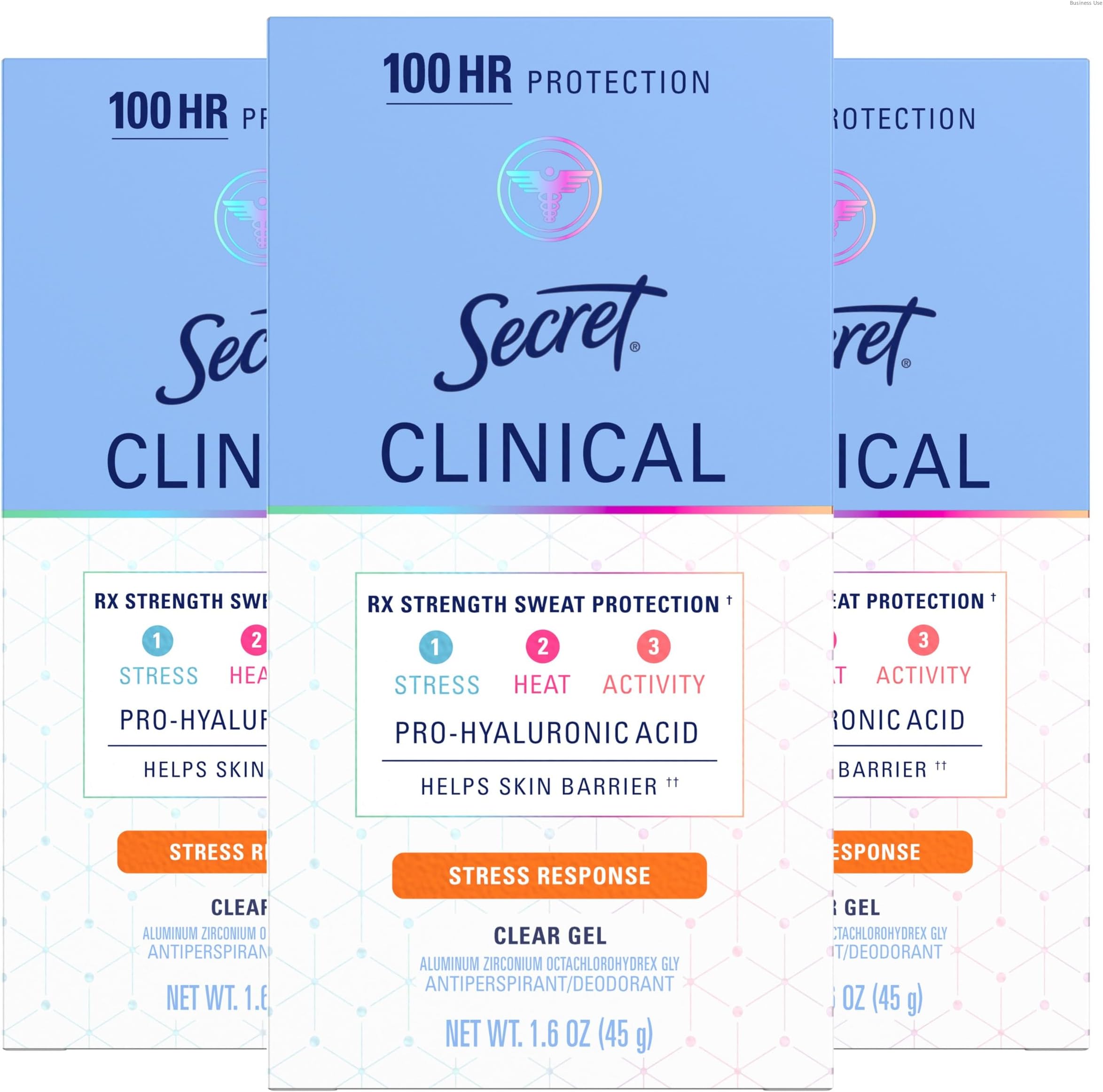 Secret Clinical Strength Antiperspirant Deodorant for Women, Stress Response, 3X Stress Protection, 72hr Sweat & Odor Protection, PH Balancing Minerals, Clear Gel, 1.6 oz (Pack of 3)