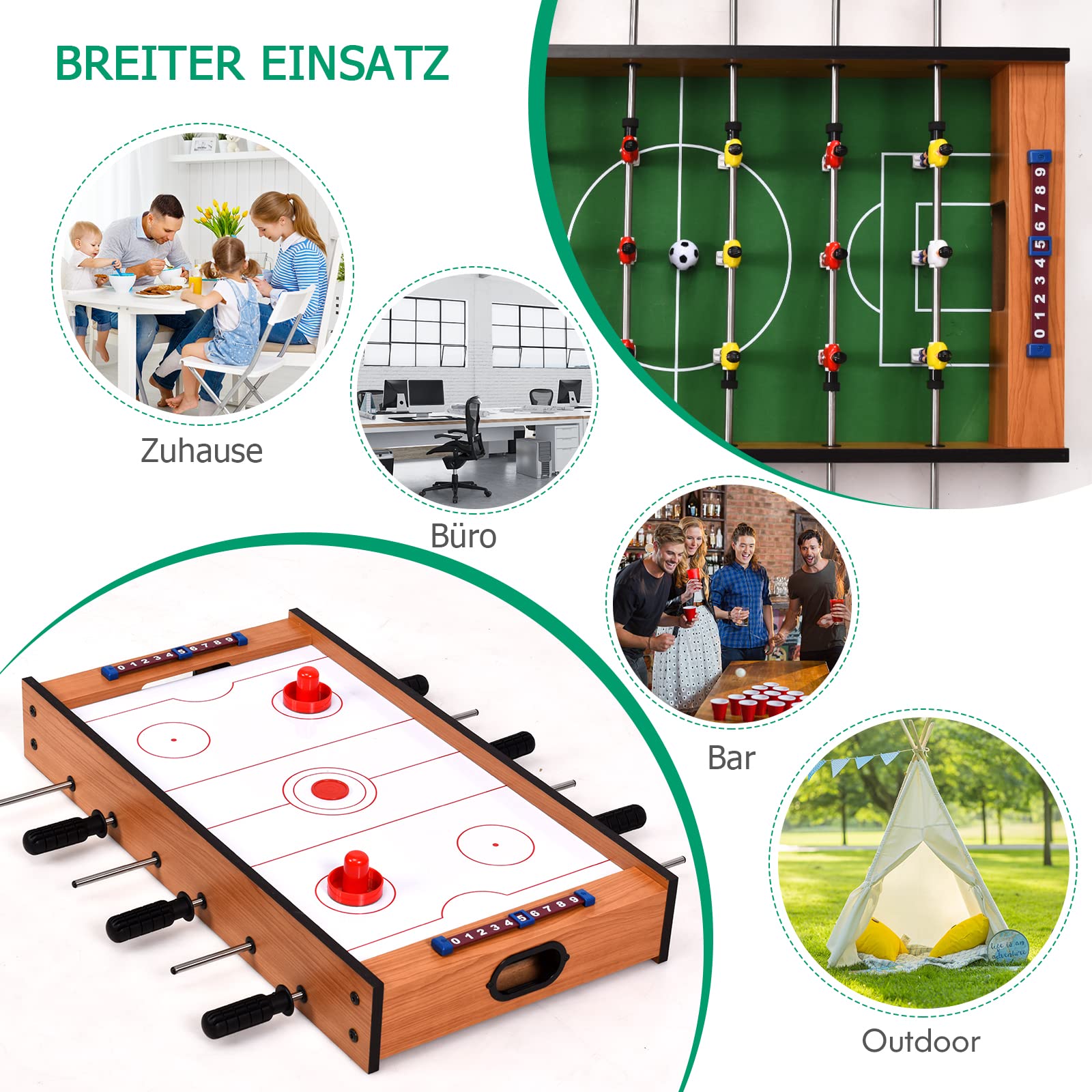 DREAMADE 2 in 1 Multi- Spieltisch, Mini Kickertisch Air Hockeytisch aus Holz & Eisenrohr, Fußballtisch Game Tisch mit Rutschfestem Griff, Tischkicker für die Ganze Familie, für Kinder & Erwachsene