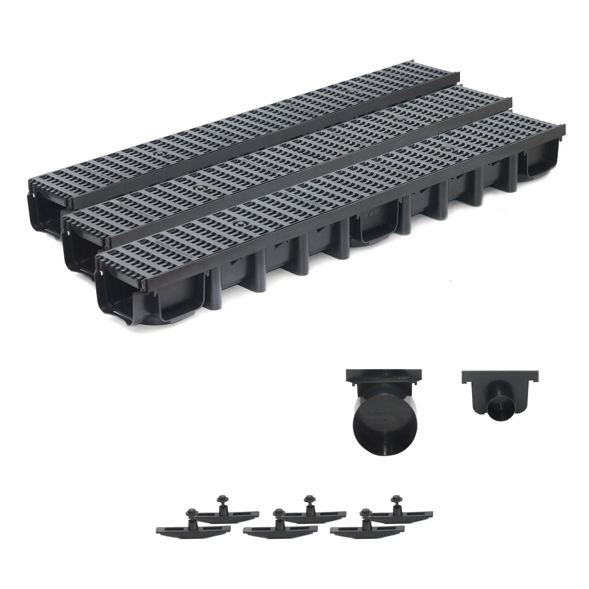 3m Entwässerungsrinne Belastungsklasse B125, 98mm komplett SET Stegrost Kunststoff (schwarz)