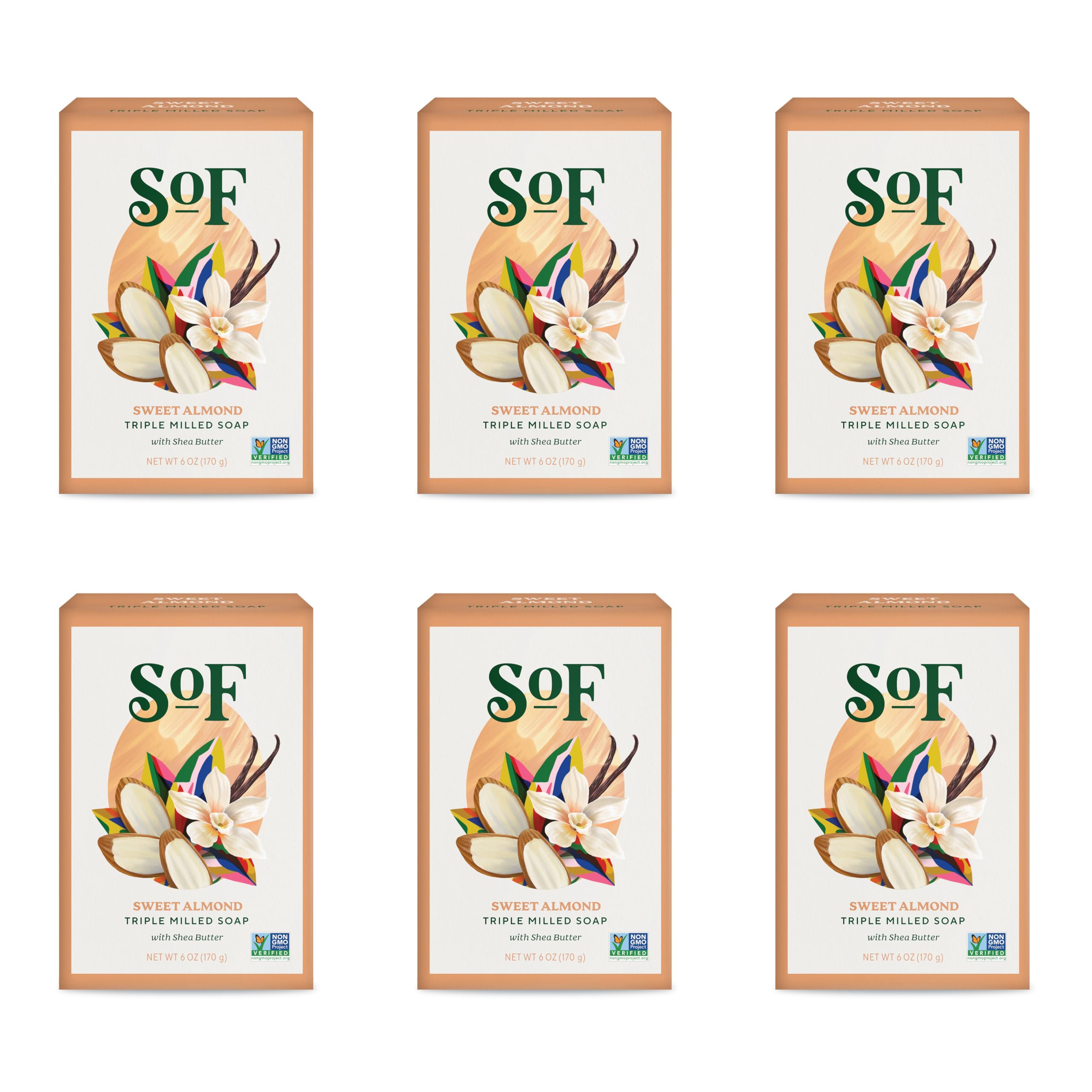 SoF Triple Milled Bar Soap - With Coconut Oil & Organic Shea Butter- Vegan & Non GMO- Free From Phthalates, Sulfates & Parabens- Sweet Almond - 6 oz