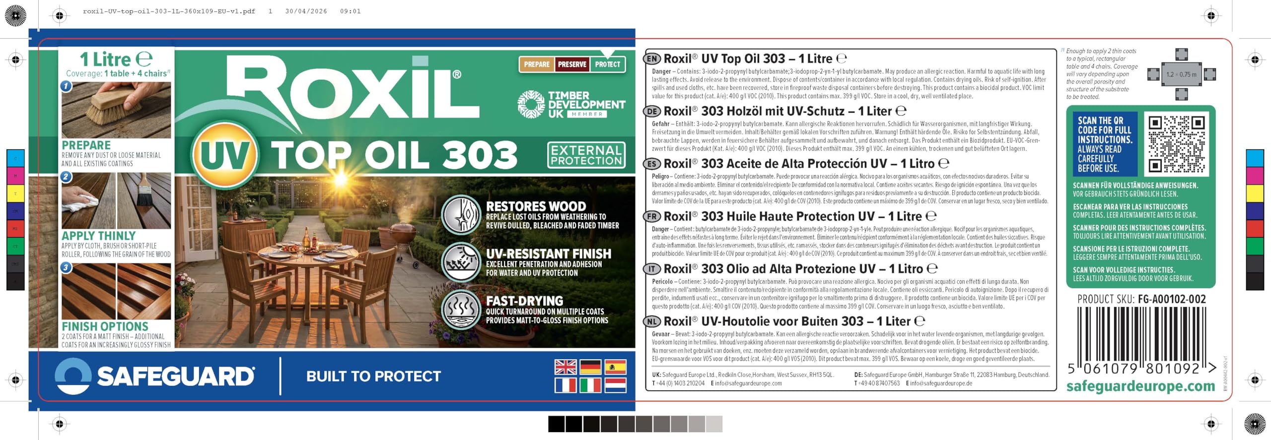Roxil UV Olio per Legno 1L - Olio per Legno da Esterno - Pronto all'Uso Resistente ai Raggi UV, Impregnante Impermeabilizzante per Legno da Esterno, Cura del Legno Esterno
