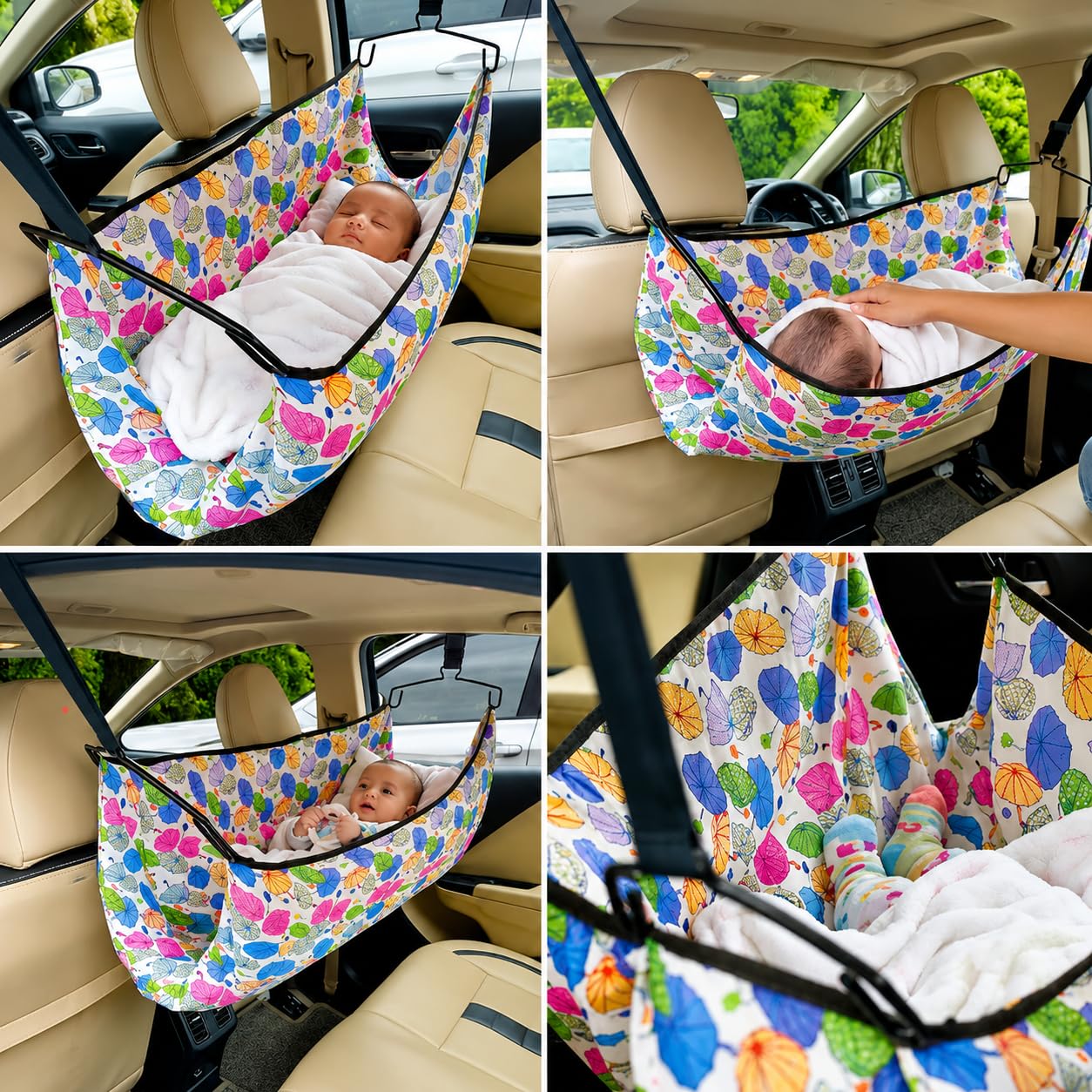 Vparents Car Cradle Hammock for 0-3 Years Baby, Portable Cotton Travel Car Jhula, Includes Hanger and Adjustable Belt/Strap, Car Hanging Swing for Kids 4