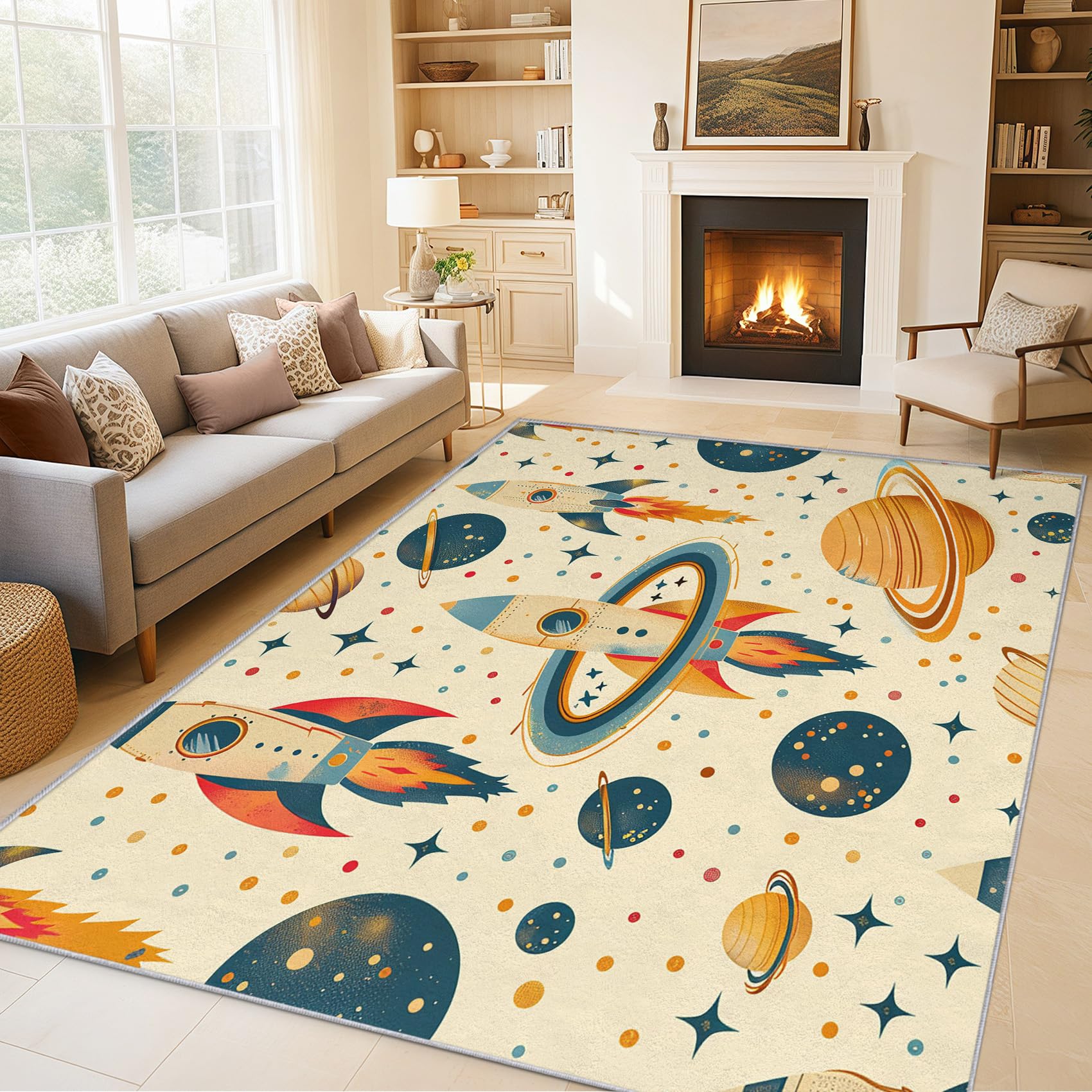Tapis fusée planète garçon antidérapant et doux pour chambre enfant 120x170 cm