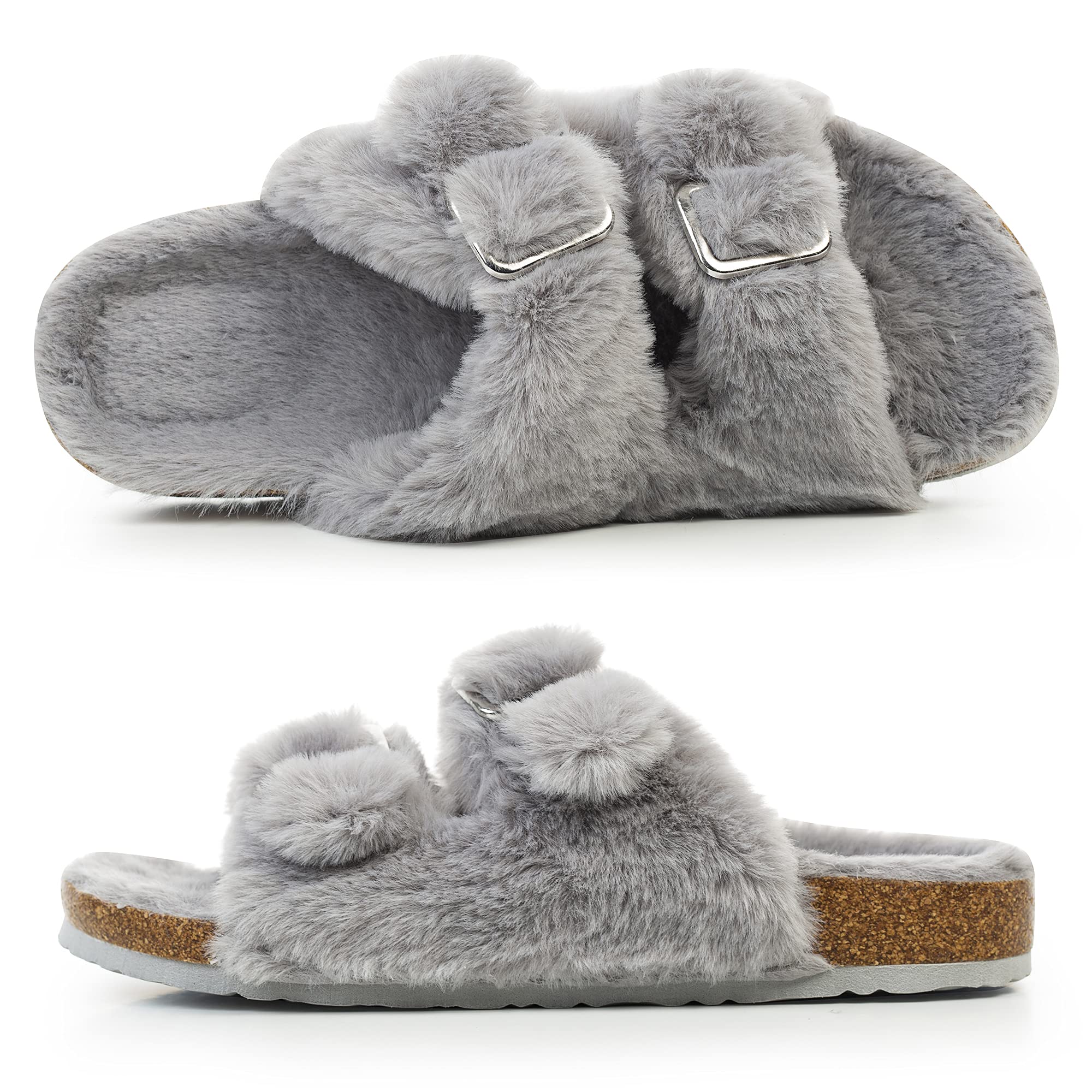 FITORY Womens Open Toe Slipper with Cozy Lining,Faux Rabbit Fur Cork Slide Sandals Size 6-11