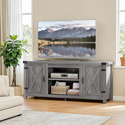 YESHOMY Modern Farmhouse TV Stand with Two Barn Doors and Storage Cabinets for Televisions up to 65+ Inch,Entertainment Center Console Table,Media Furniture for Living Room, Grey