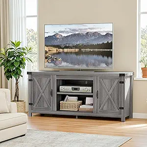 YESHOMY Modern Farmhouse TV Stand with Two Barn Doors and Storage Cabinets for Televisions up to 65+ Inch,Entertainment Center Console Table,Media Furniture for Living Room, Grey