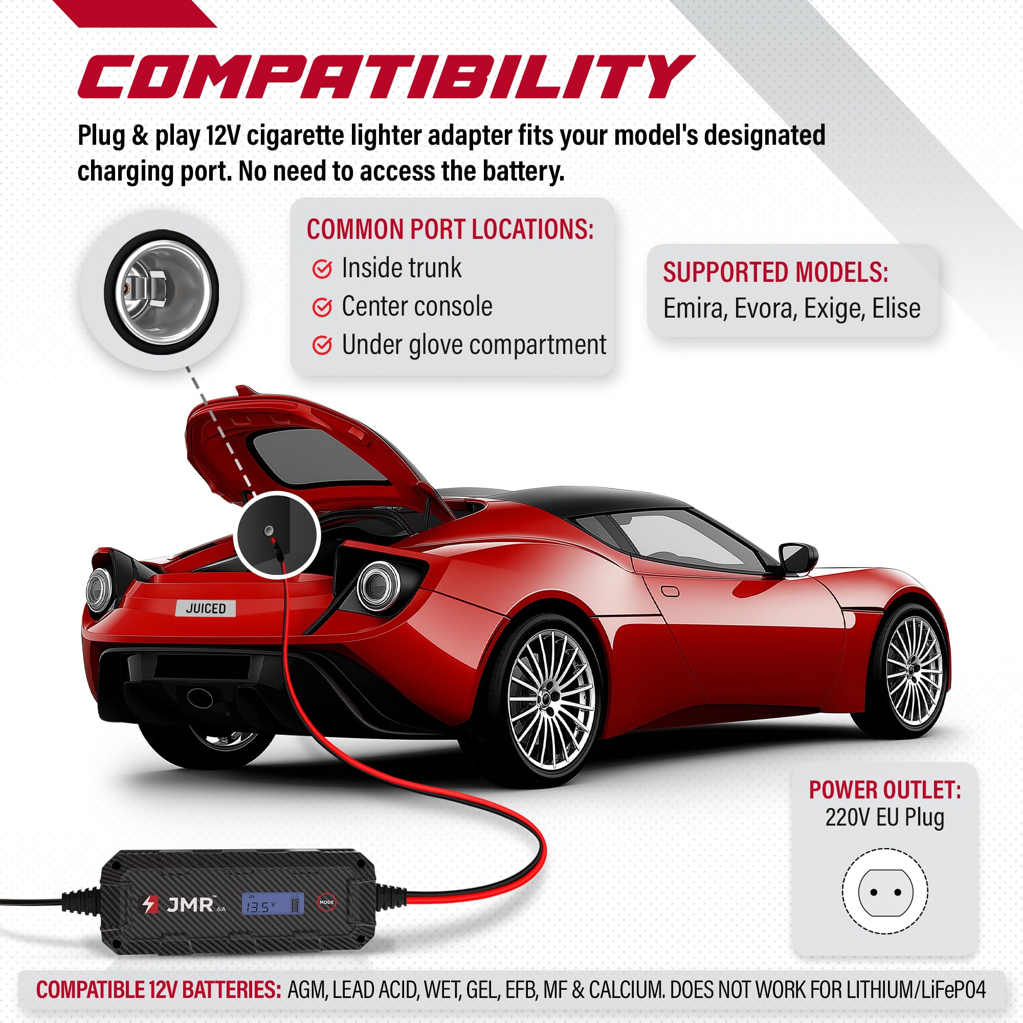 JMR Battery Charger for Lotus Emira Evora Exige Elise All Models Trickle Charger Conditioner Maintainer (No Lithium Mode)