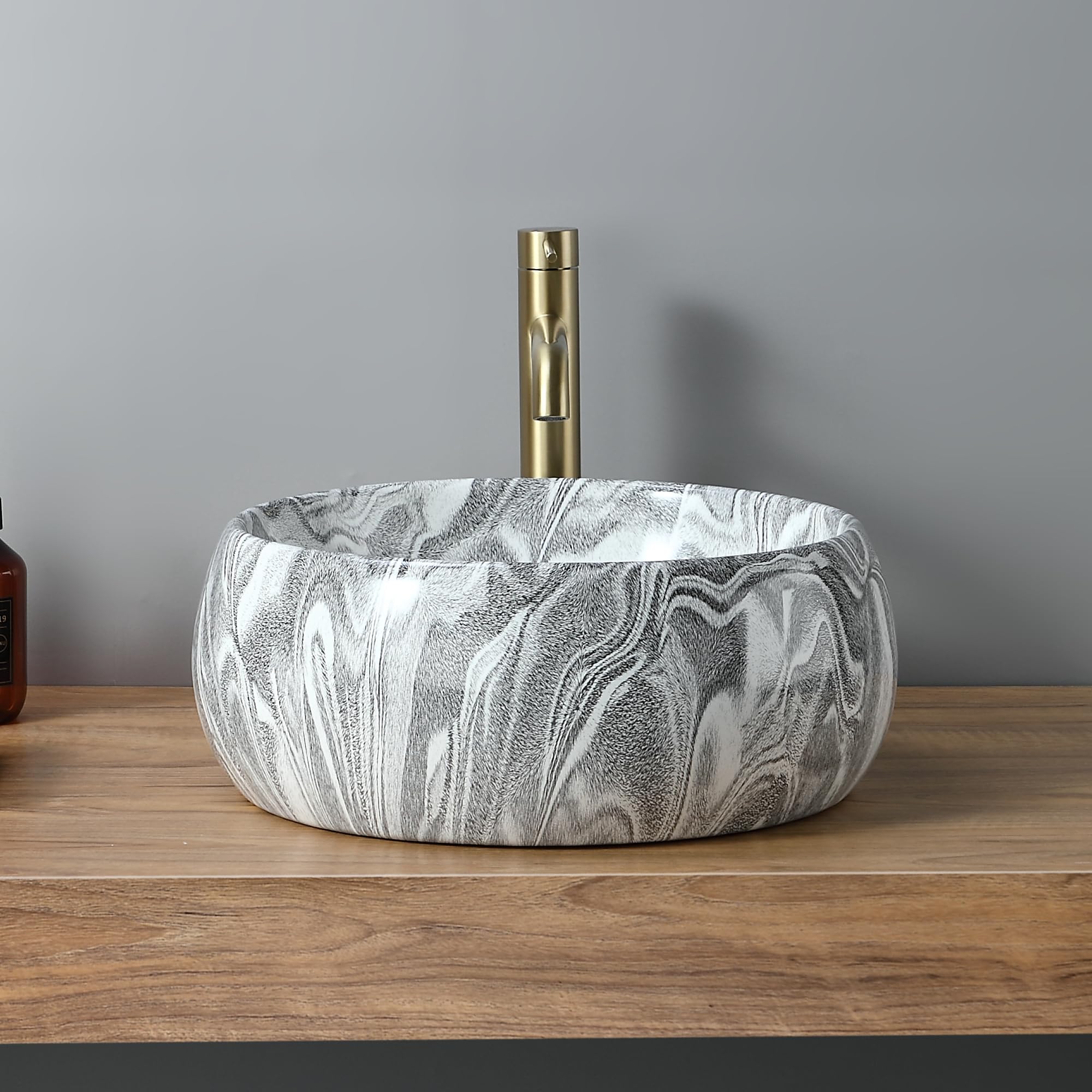 Vasque Ronde Creuse Effet Gris Zébré Ø40 cm – Lavabo à Poser Design Contemporain – Finition Minérale Élégante – Idéal Salle de Bain Moderne – Installation Facile et Entretien Simple