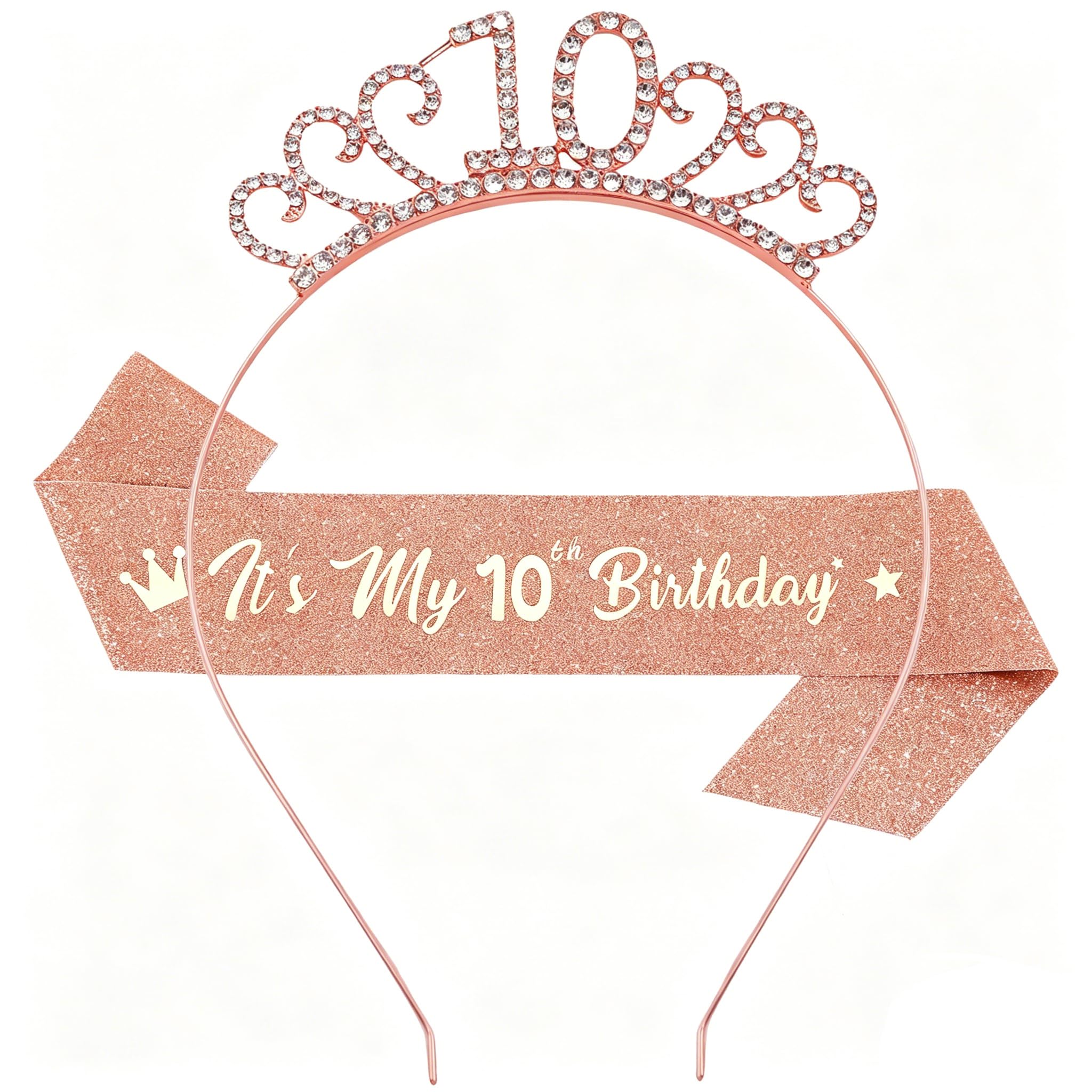 WeveriColle 10th Birthday Sash and Crown Tiara Headband for Girls 10th Birthday Decorations for Girl 10th Birthday Gifts Party Accessory Rose Gold