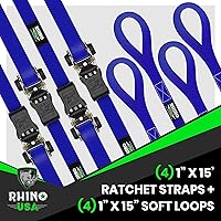 Vista 4 de Rhino USA - Correas de trinquete de amarre (4), 1 pulgada x 15 pies (resistencia 1823 libras), con ganchos en S de seguridad, alta calidad para Azul
