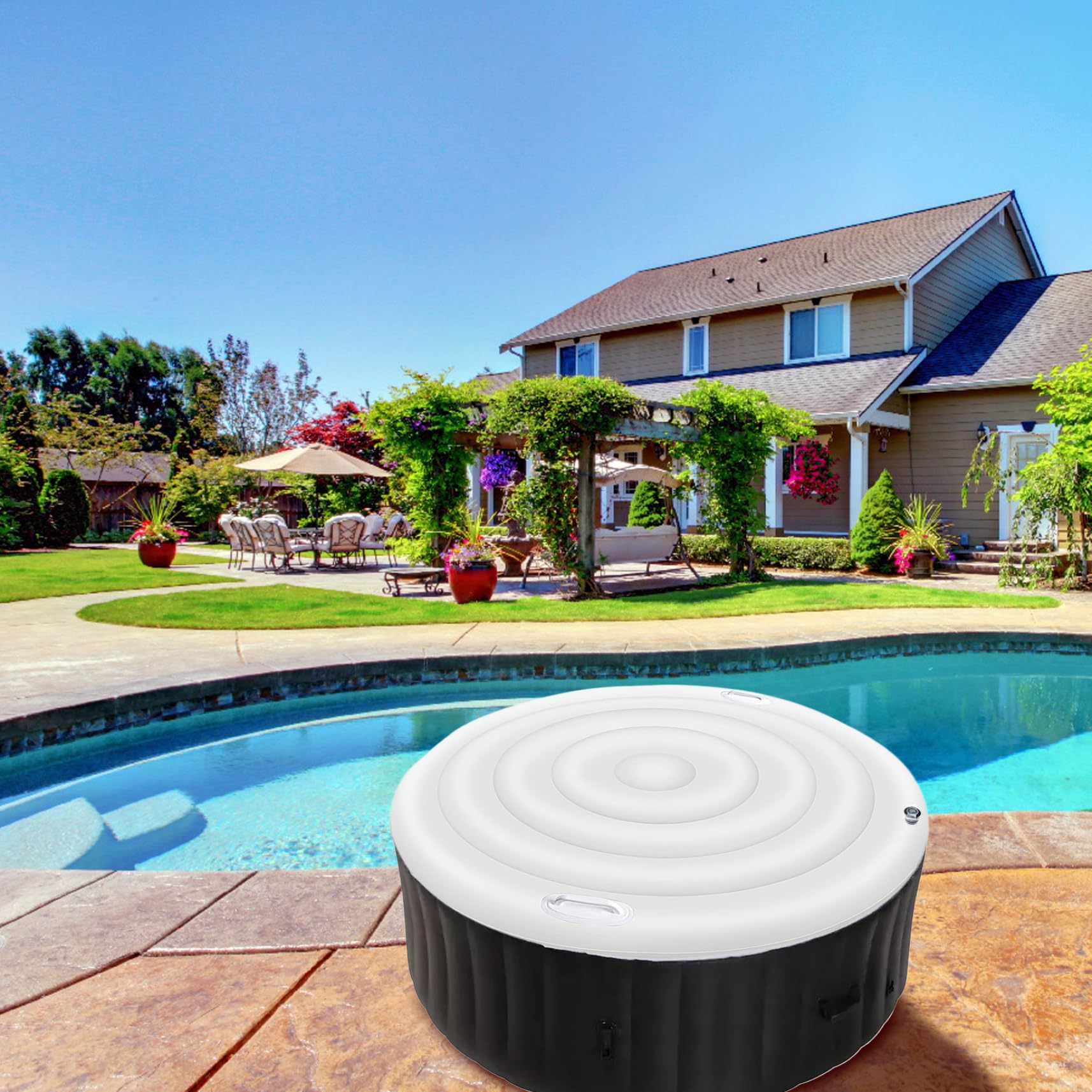 Funda inflable para bañera de hidromasaje de 57 pulgadas, cubierta aislada para jacuzzi, resistente al viento y a la lluvia, cubierta redonda para bañera de hidromasaje con asas, cubiertas de spa de