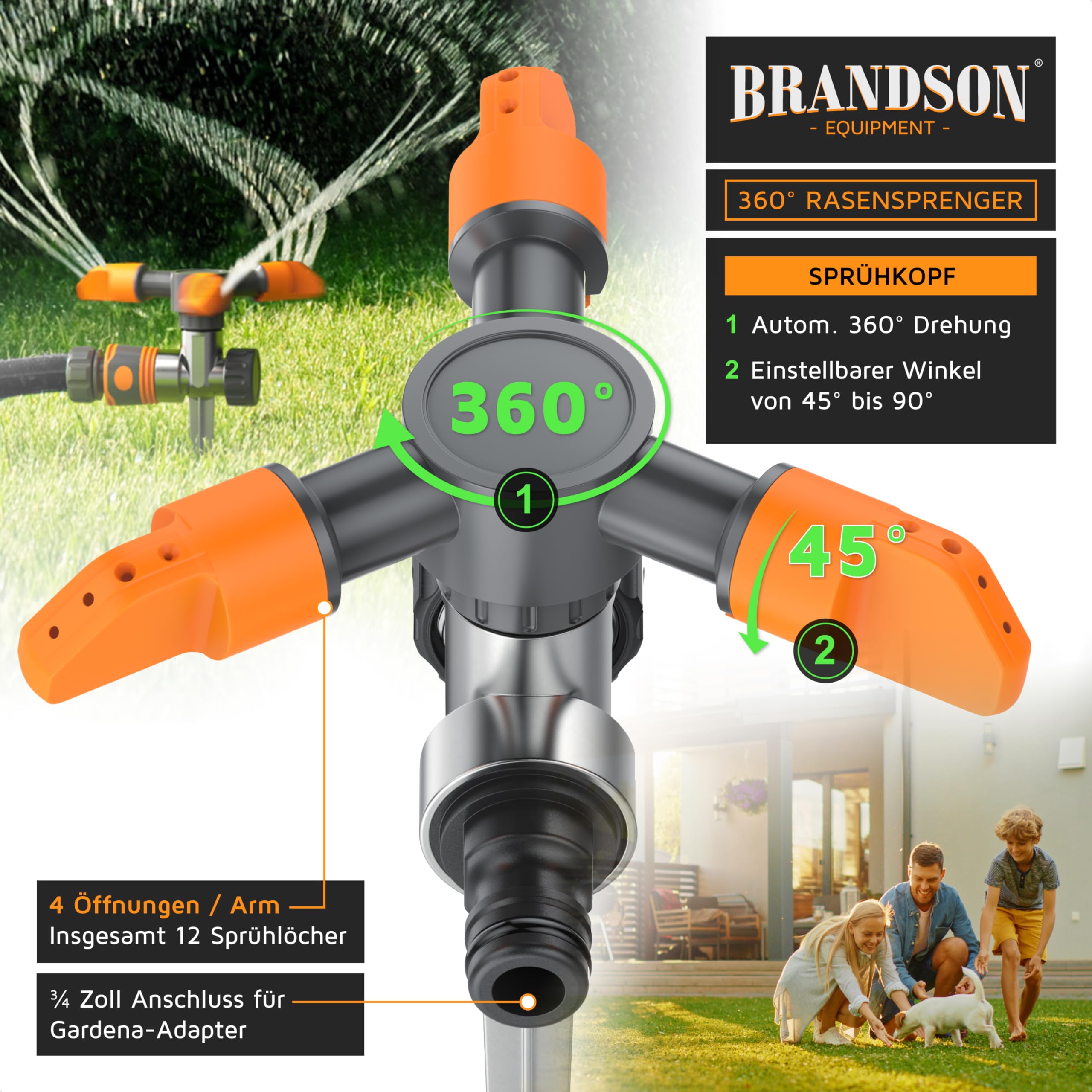 Brandson - 4 x Rasensprinkler 3 Fach mit Erdspieß – Rasensprenger 360 Grad - Flächenregner Sprühregner - Sprinkler mit 3 Arm – Einstellbarer Winkel 45° bis 90° - Reichweite bis zu 7m
