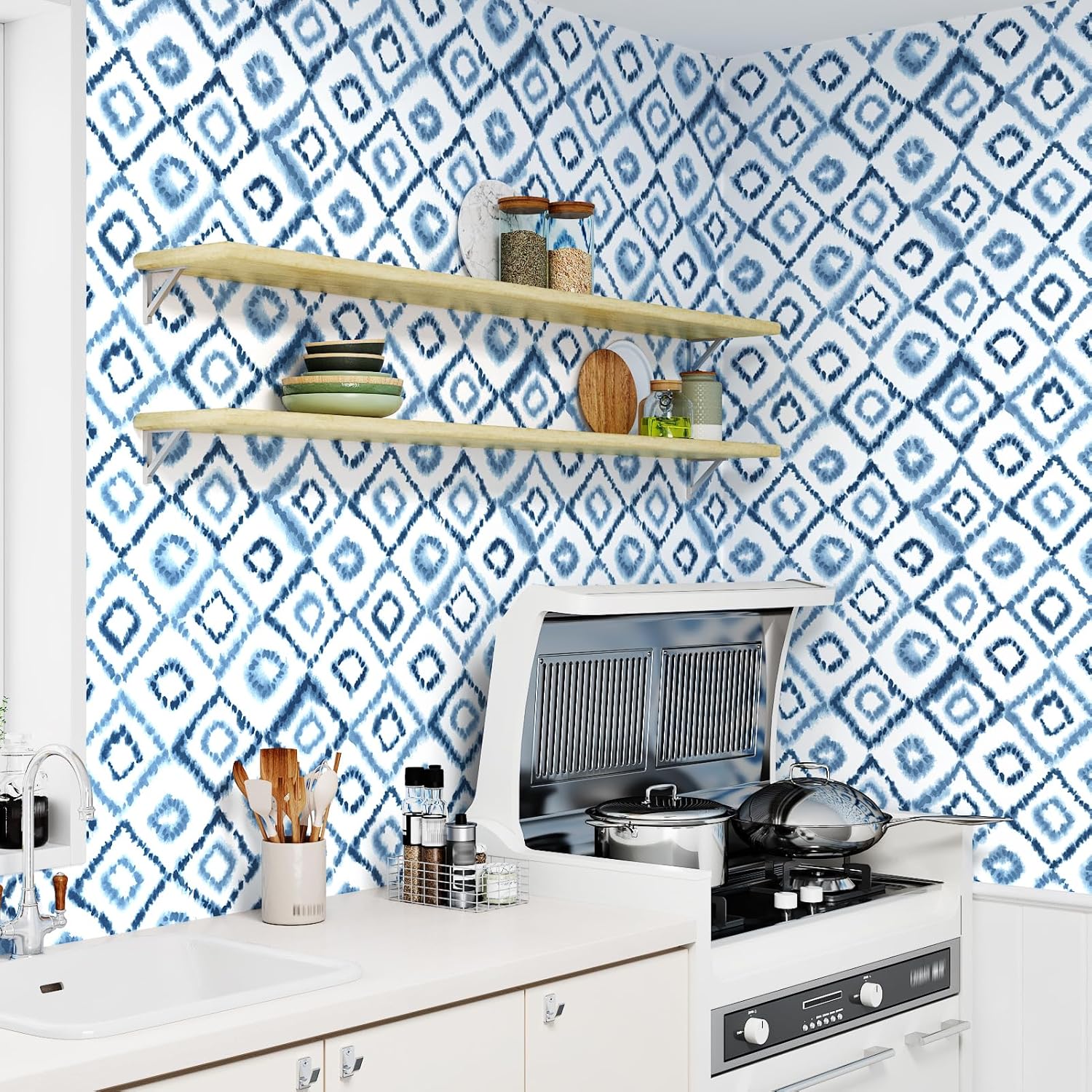 Blue Geometric Wallpaper Peel and Stick Watercolor Abstract Trellis Contact Paper for Countertops Self Adhesive Decorative Watercolors Checkered Wall Paper for Living Room Bedroom 17.5" × 118"