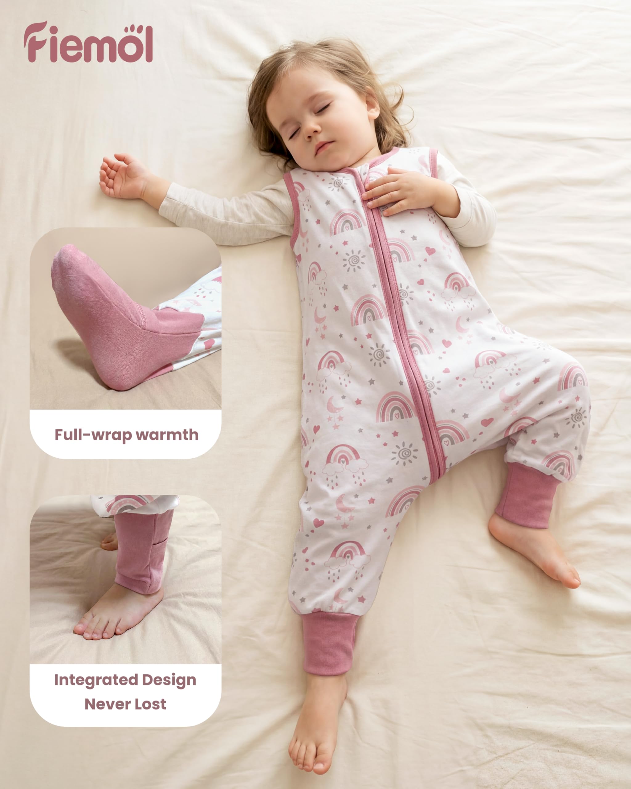 Saco de Dormir con Piernas 6-18 Molis Saco de Dormir Bebe Verano Tog 0,5 100% Algodón Saquito de Dormir niño con pies Arcoíris rosa