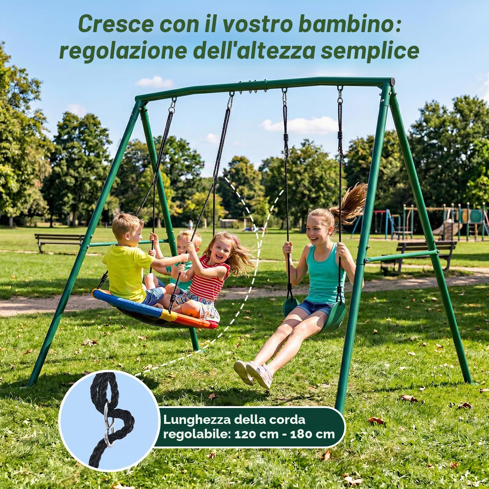 Trekassy Set di Altalena Doppia per Esterni con Struttura in Metallo, Portata fino a 200 kg, Altalena da Giardino con Altezza Regolabile, Altalena a Nido per Esterni per Bambini e Adulti