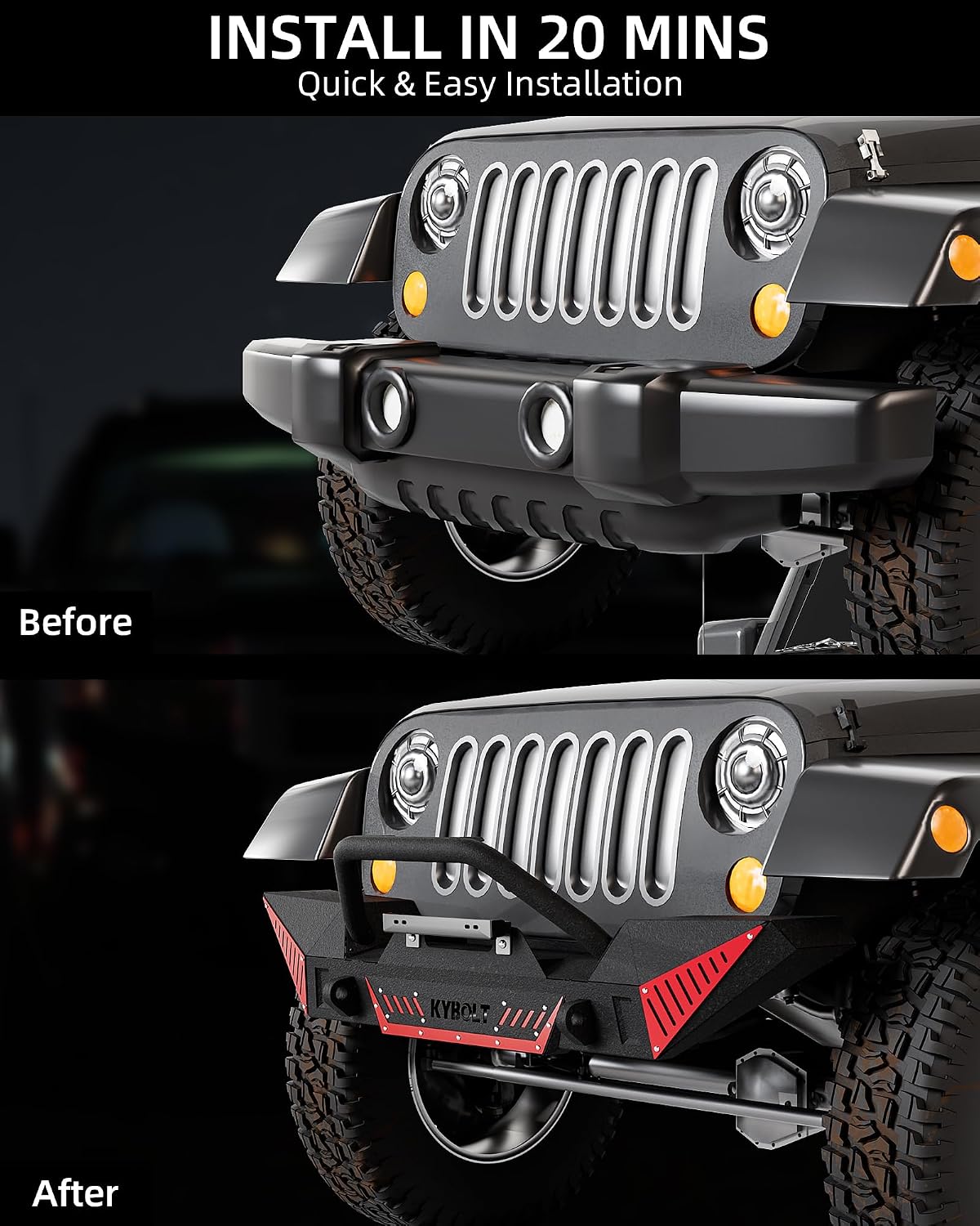 KYBOLT Front Bumper Compatible with 2007-2018 Jeep Wrangler JK & Unlimited JKU (2/4 Doors), Rock Crawler Off Road Full Width Bumper w/Winch Plate & Paintable Armor