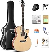 Vista 11 de Rosen Guitarra acústica Dreadnought de tapa sólida de 104 cm con abeto, para principiantes, con libro, bolsa acolchada, cuerdas, púas, llave Negro