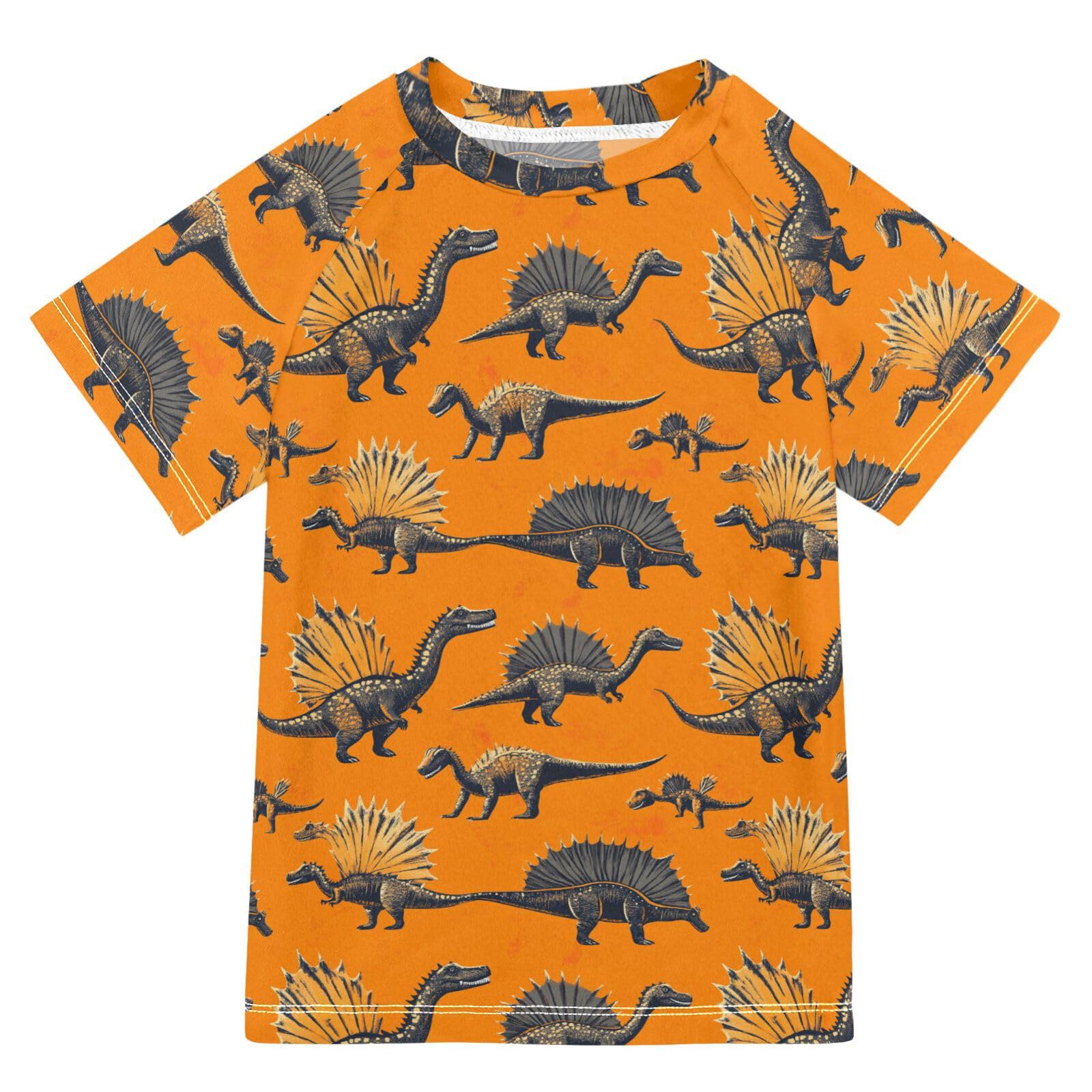 KLL Boy Bathing Suit Short Sleeve Rash Guard Girls 9T Cartoon Dino Spinosaurus Orange